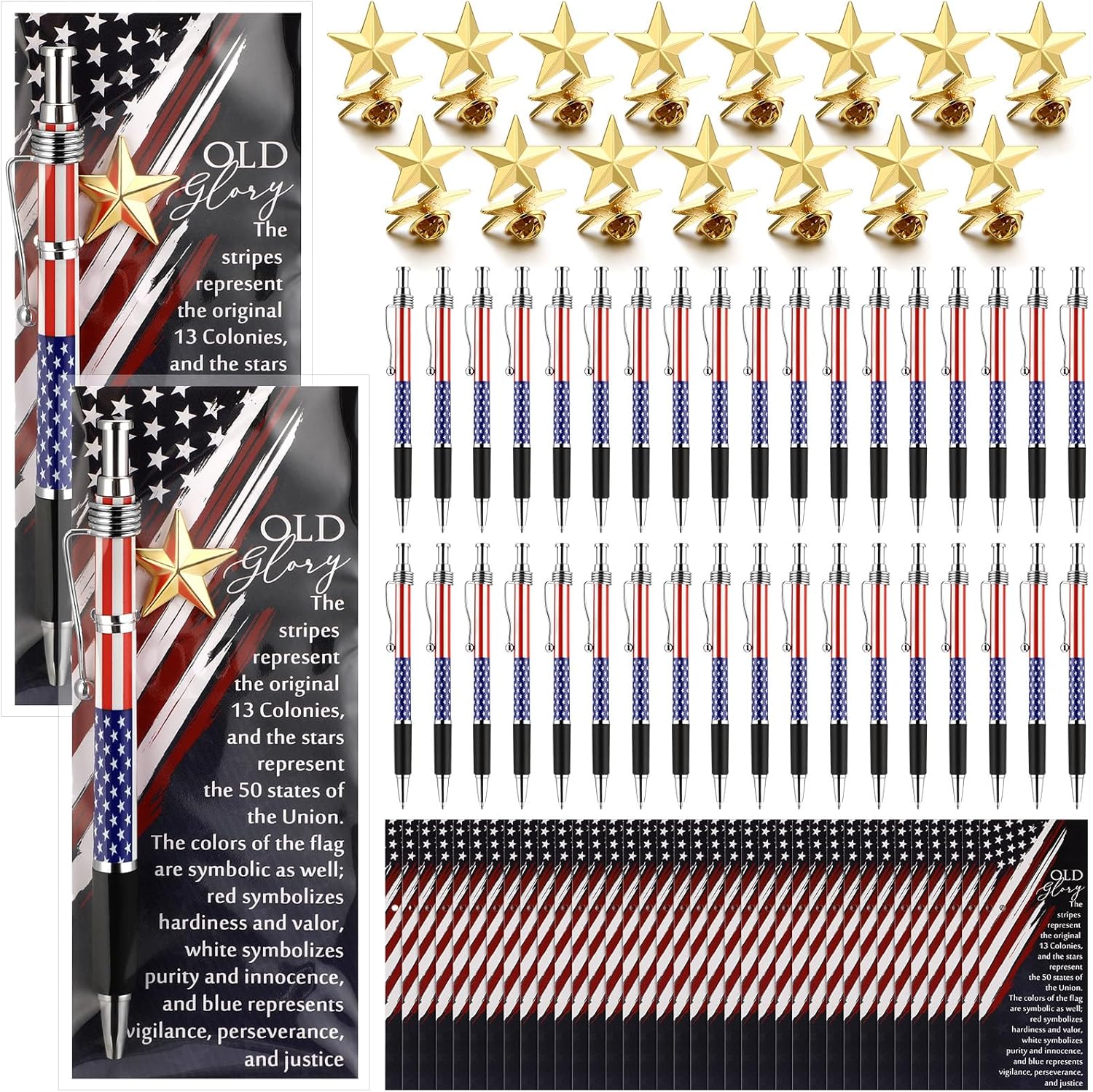 108 Pcs 36 Sets Memorial Day Gifts Bulk 250th Anniversary Patriotic Flag Ballpoint Pens Star Lapel Pins Bookmarks Gifts Red White Blue USA Souvenirs for Patriots Veterans Military Appreciation Favors