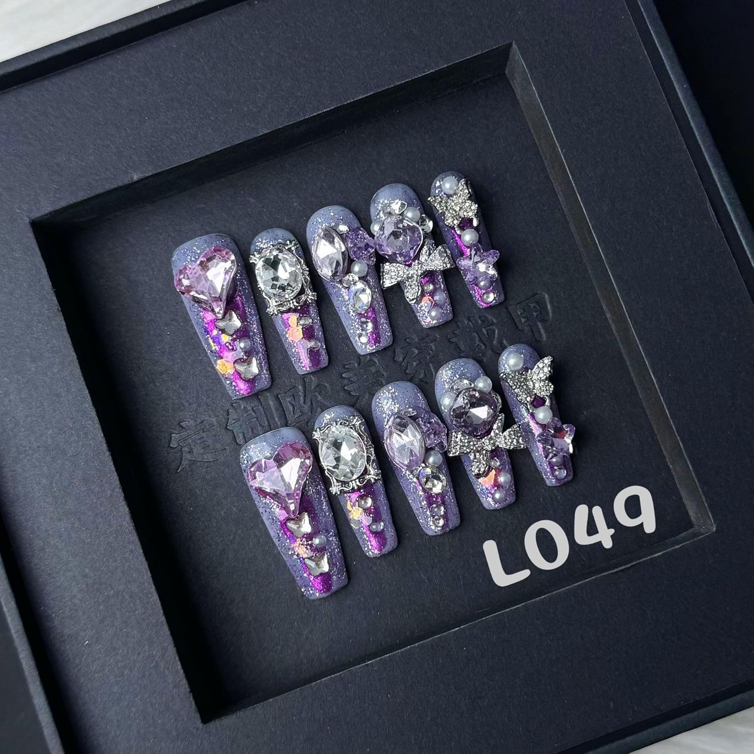 100% Handmade Press on Nails Diamond Long Coffin Fake Nails Purple Glitter False Nails with Rhinestone Design Silver Butterfly Nail Charms Glue on Nails Handmade Nail Press ons for Women Size L