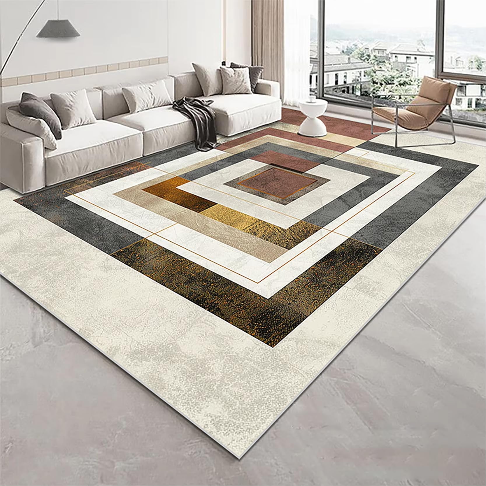 Tapis moderne pour salon chambre sol froid motif géométrie dorée