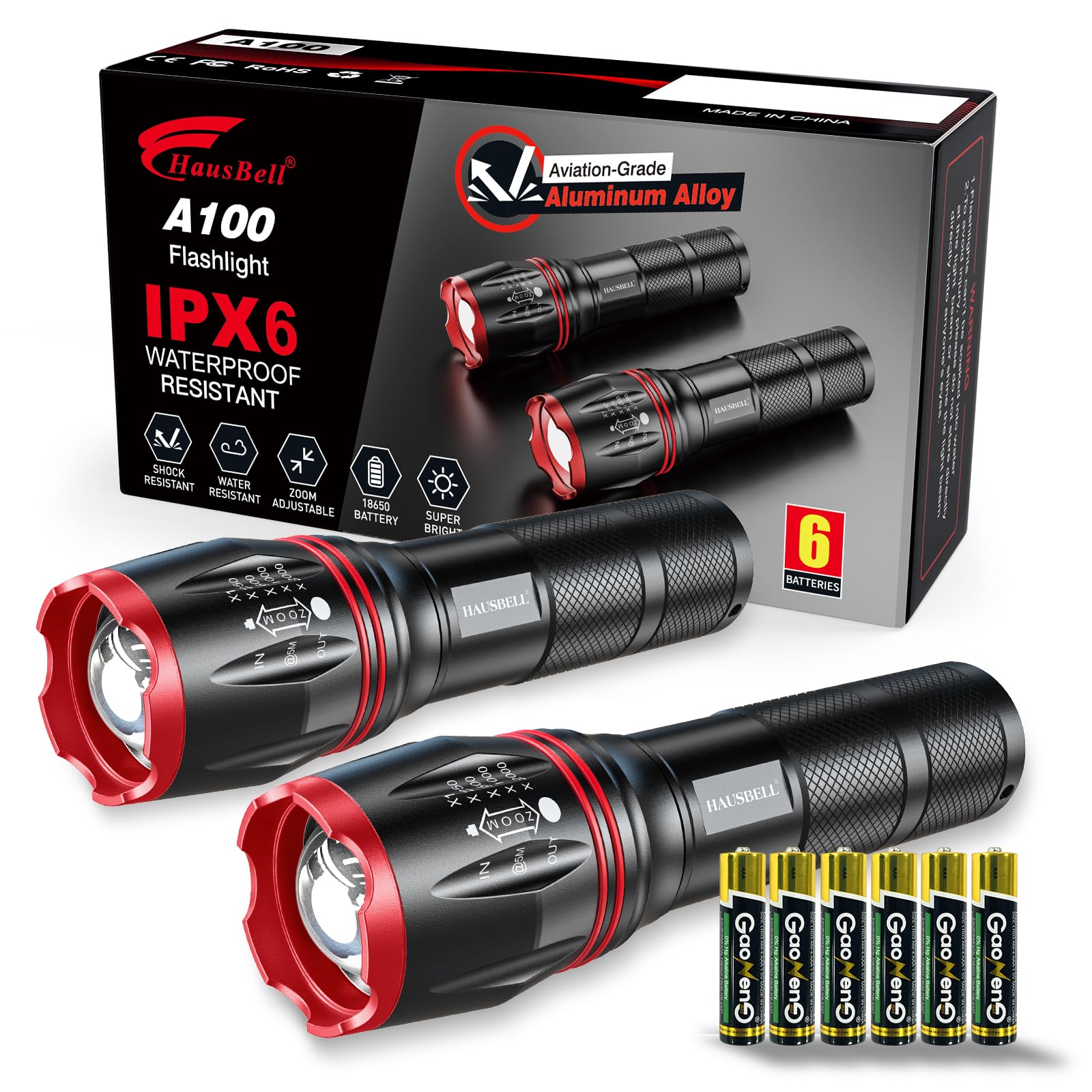 HAUSBELL LED A100 Flashlight Bright, Zoomable Tactical Flashlights Flash Light with High Lumens and 5 Modes for Emergency and Outdoor Use Camping Accessories(2 Pack) (A100 Red 2Pack)