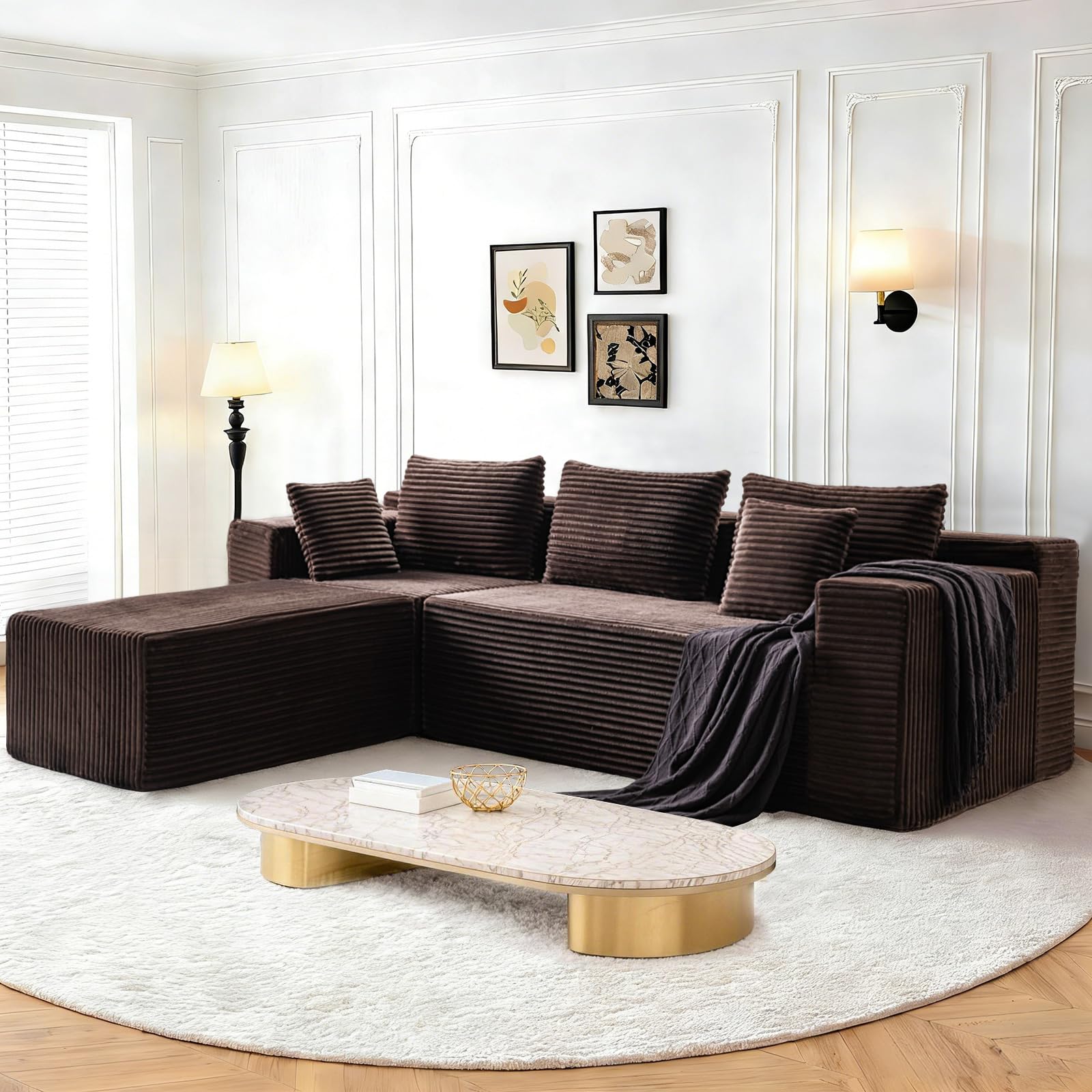 107" Boneless Modular Sectional Sofa, L-Shaped Cloud Couch with Deep Seat & High Backrest, Corduroy Couch Memory Foam Sectional Couch, No Assembly