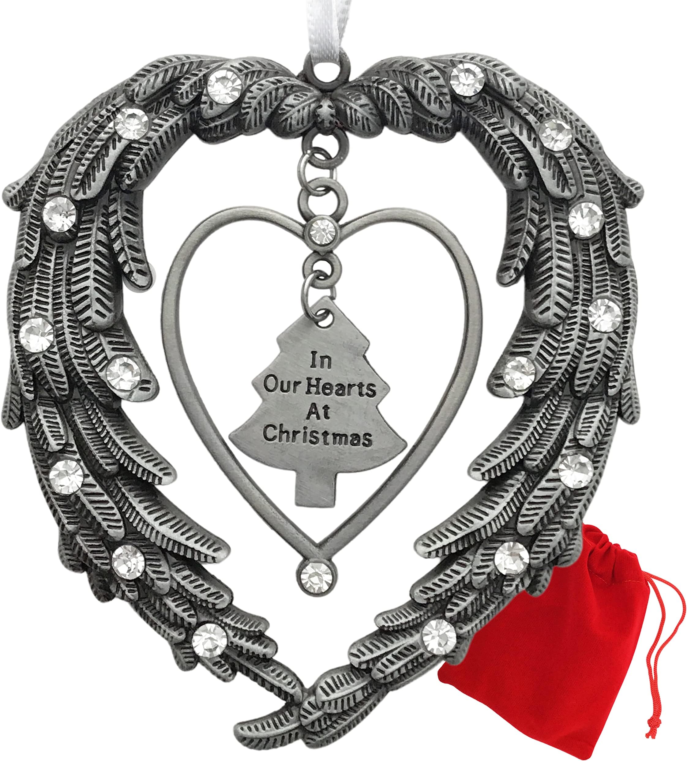Memorial Remembrance Ornament - 'in Our Hearts at Christmas' - Pewter Heart Shaped Angel Wings with Jewels - in Loving Memory - Gift-Storage Bag Included - 3.5" x 3"