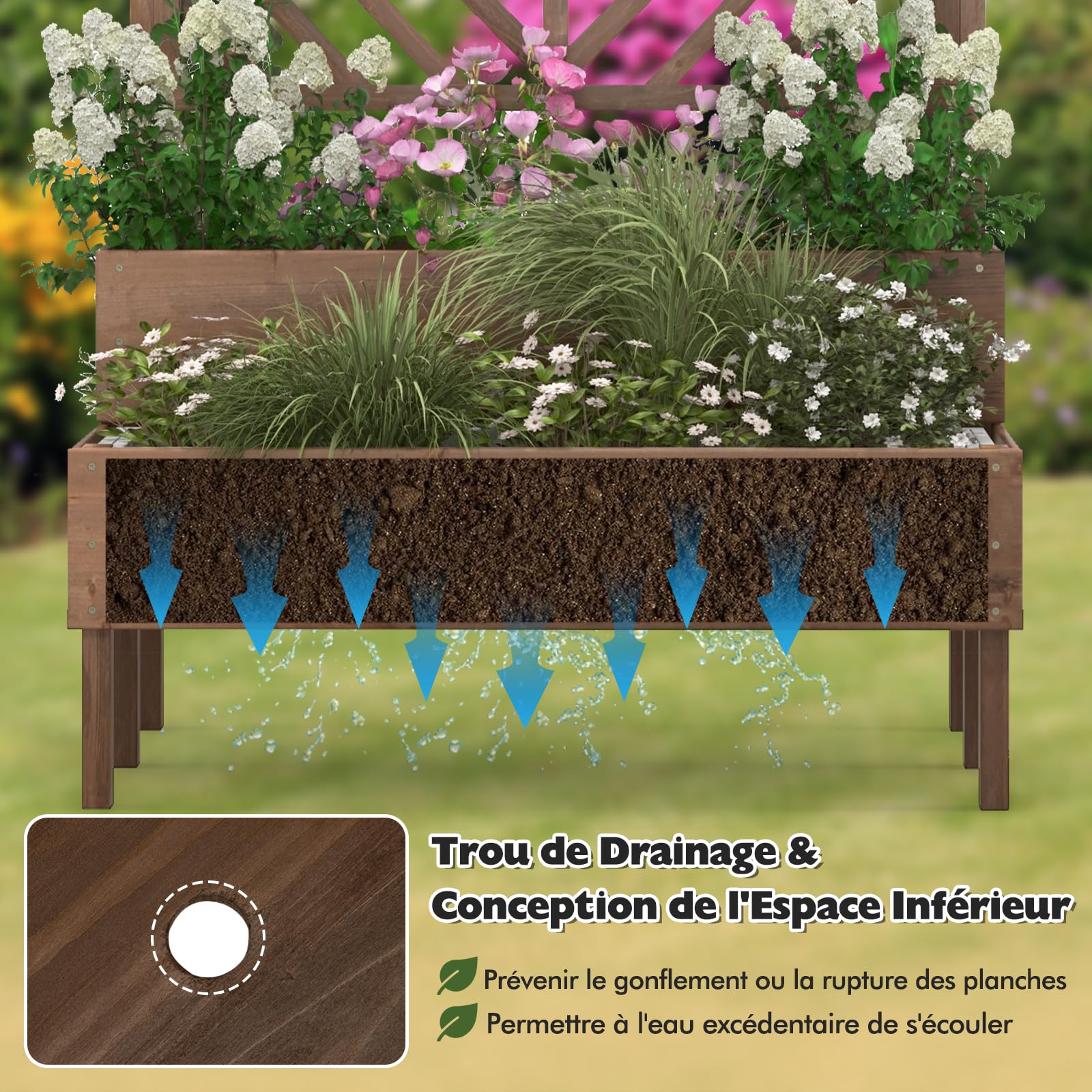COSTWAY Jardinière 2 Niveaux avec Treillis en Bois de Sapin avec Trou de Drainage, Bac à Fleurs pour Plante Grimpante, Lit de Jardin Résistance aux Intempéries 109 x 62 x 135 cm (Marron)