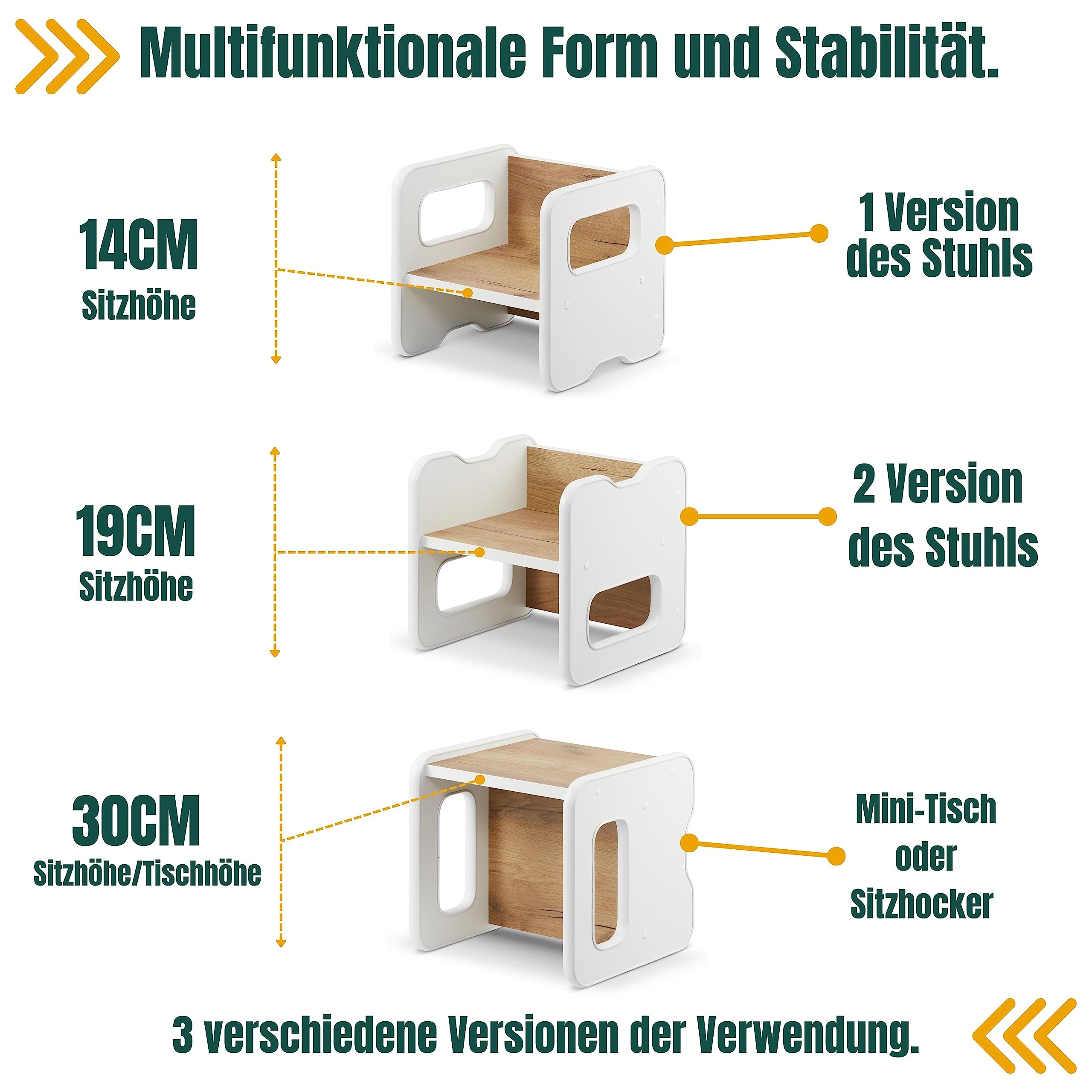 defiPad Sitzhocker für Kinder | Stylisch Wendehocker | Kindersessel ab 1 Jahr | Babystuhl Hocker Holz | Der Stuhl kann in einen Tisch verwandelt Werden | Montessori Kinderzimmer |