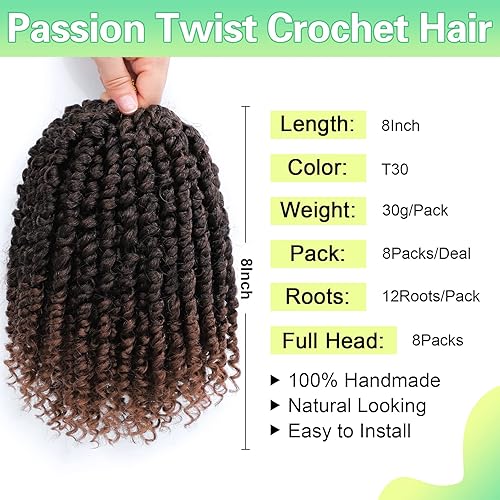 Miniatura 2 de Extensiones de Pelo Passion Twist de 8 Pulgadas 8 Paquetes de Pelo de Ganchillo Passion Twist Pre Trenzado Pelo Rizado de Ganchillo Pelo Corto de