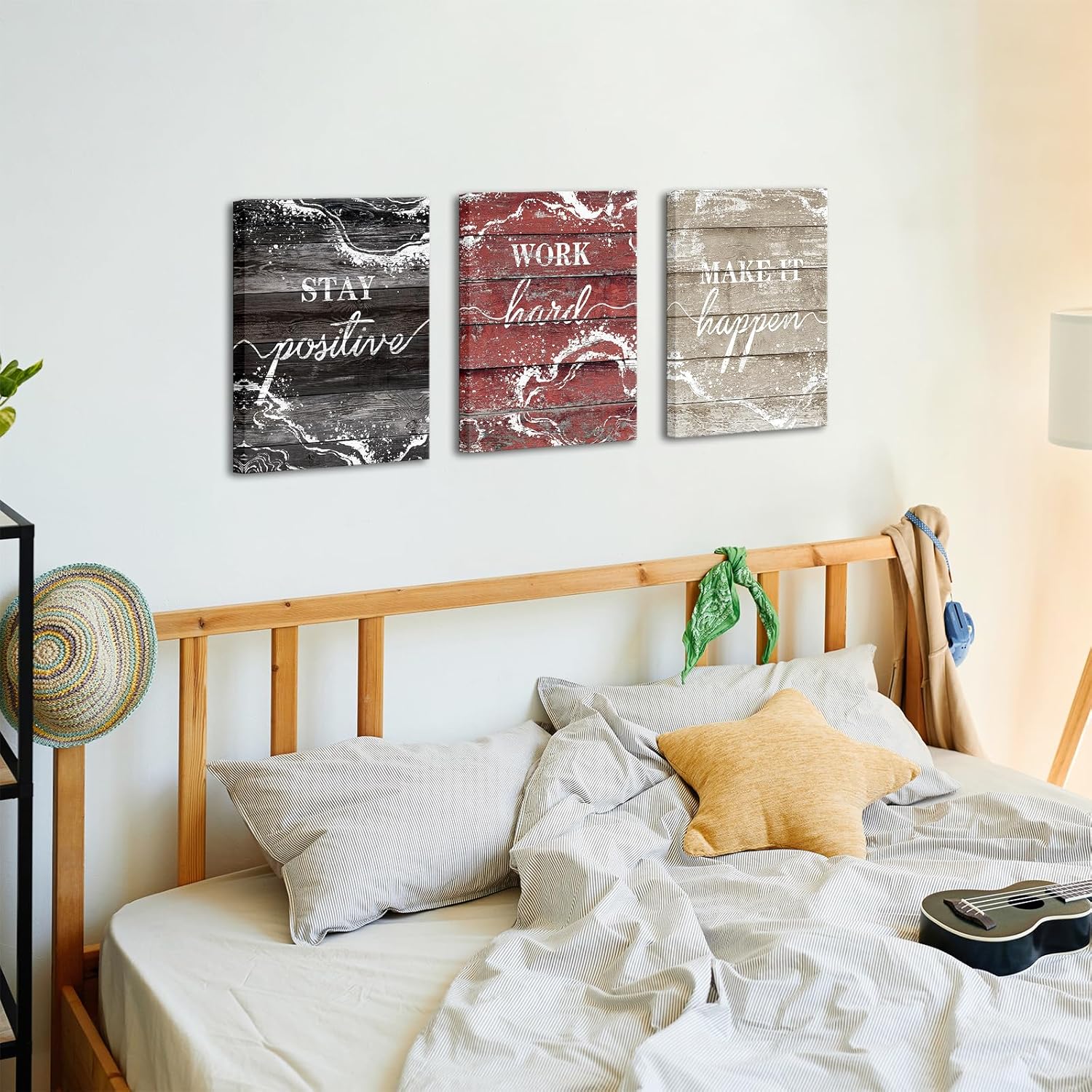 LevvArts Inspirational Wall Art Stay Positive Work Hard Make It Happen Sign Painting Decor Rustic Wood Background Picture Canvas Prints (Red) - Image 5