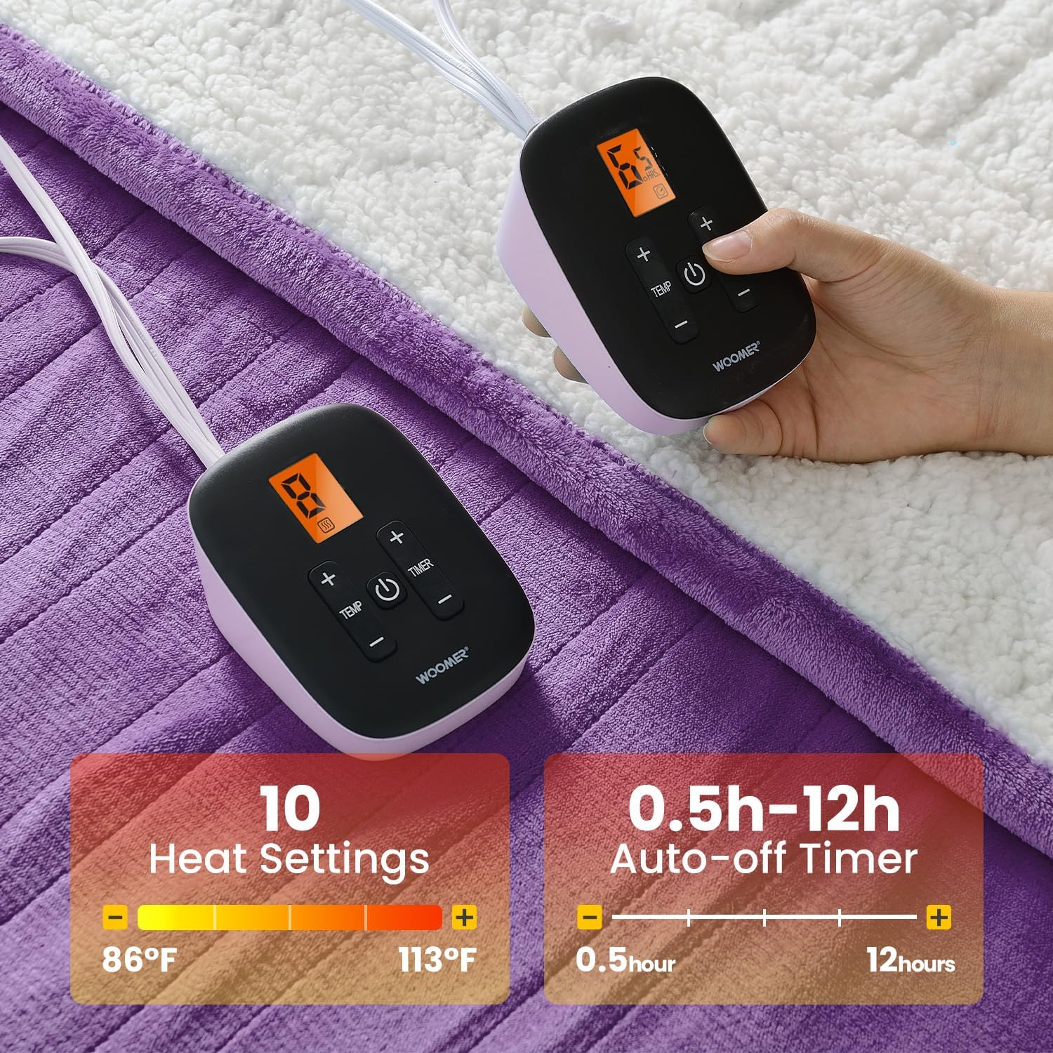 WOOMER Electric Heated Blanket Queen Size, Soft Flannel Fast Heating Blanket with Multi-Color Option, 84"x 90", 10 Heating Levels & 0.5-12H Auto Off, Over-Heat Protection - Image 6