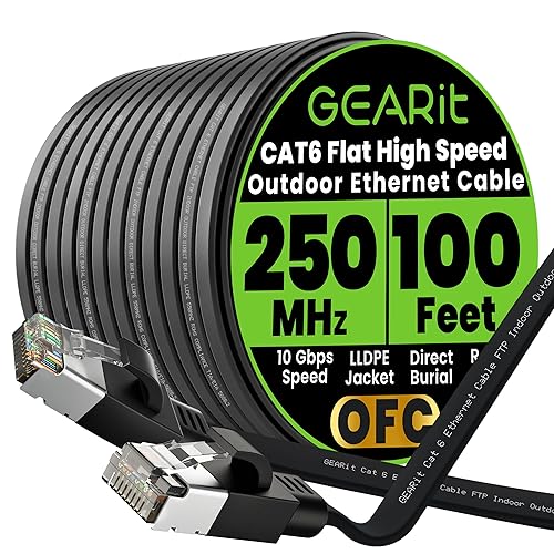 Miniatura 23 de GEARit Cable Ethernet plano Cat 6 para exteriores (30 pies, negro) Chaqueta LLDPE clasificada para entierro directo – Cat6 blindado FTP 10Gbps
