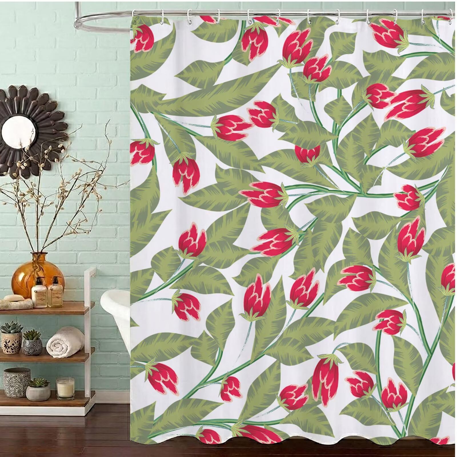 Duschvorhang 240x200 cm Anti Schimmel - Grün Design - Wasserdicht & Waschbar Schnelltrocknender Polyester Stoff - Inkl. 12 Ringe und Gewicht Shower Curtain für Badezimmer Dusche Badewanne, Weiß J8-449