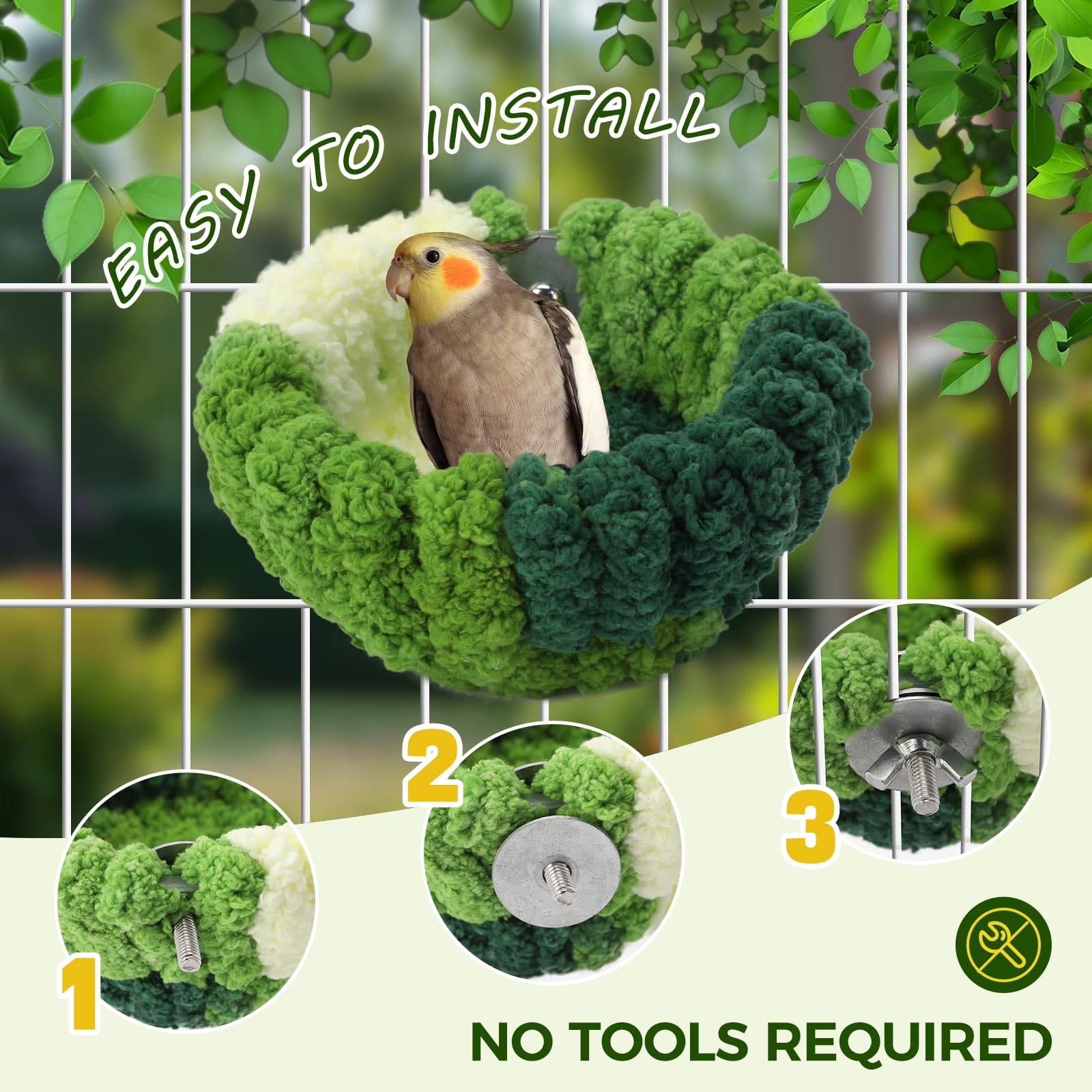 Bird Nest for Cage,Plush Hanging Bird Bed for Parakeet,Breeding Bird House for Conure,Budgie,Cockatiel,Lovebird,Canary,Finch,Hamster,Small Pets,Warm Nest (Green, S)