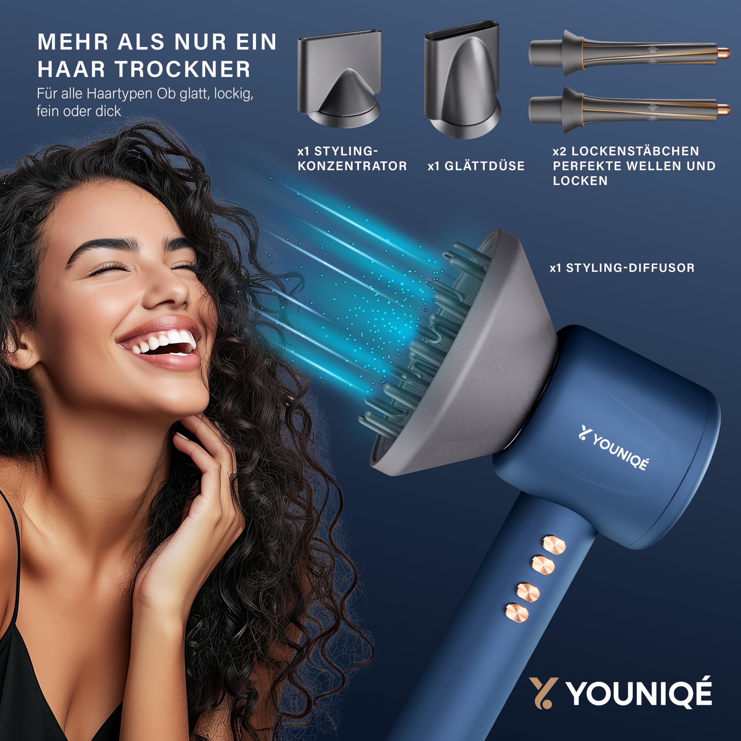 Haartrockner – 5-in-1 Föhn mit Ionen-Technologie, Lockenstab, Glättdüse, Diffusor & Konzentrator – 1600W, LED-Anzeige, 4 Temperaturstufen, Magnetaufsätze – Ergonomisch – Blau/Gold