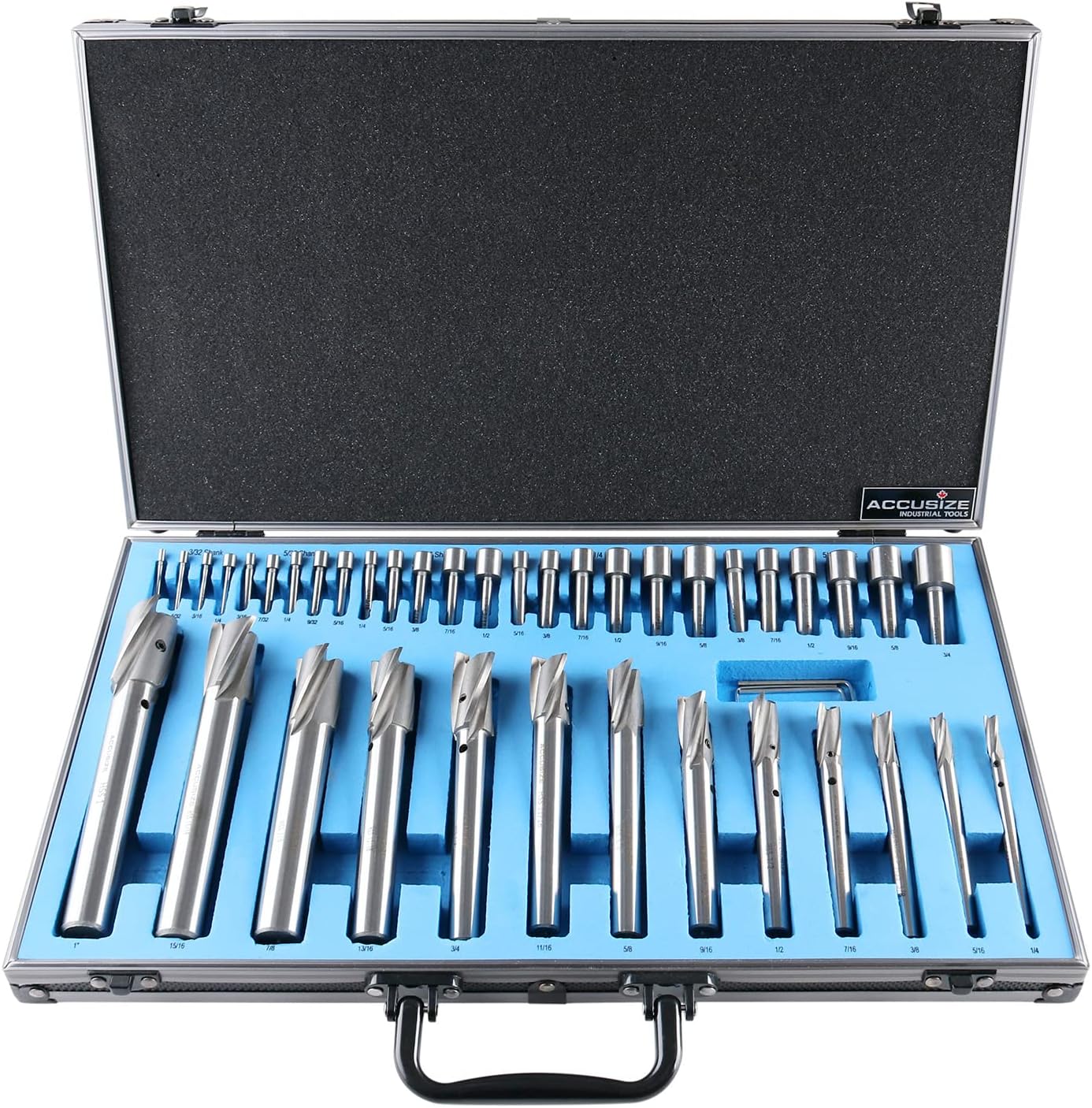 Accusize Industrial Tools 39 Pc Hss Interchangeable Pilot Counterbore Set, Counterbores from 1/4'' up to 1'' by 16ths, 500S-A000