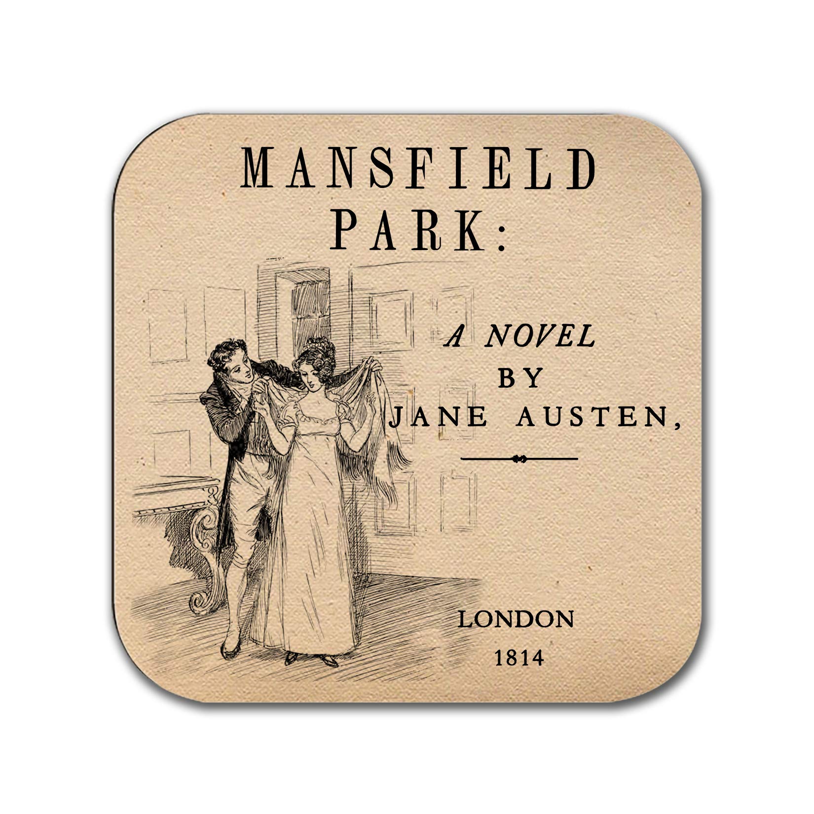 6 podstawek z kompletnymi powieściami Jane Austen, sześć podstawek pod kubek do kawy z kompletnymi powieściami projektów książek Jane Austen (stary papier)