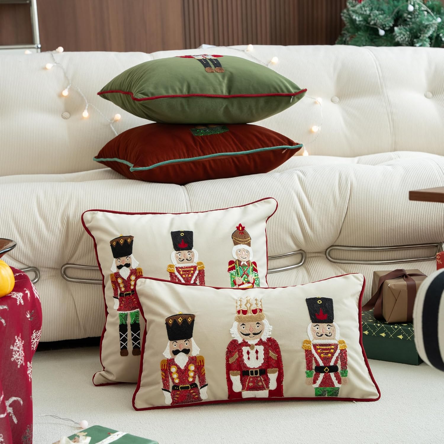 MOCOFO Christmas Embroidered Nutcracker Throw Pillow Cover - Decorative Holiday Cushion Cover (Red, 18” x 18”)