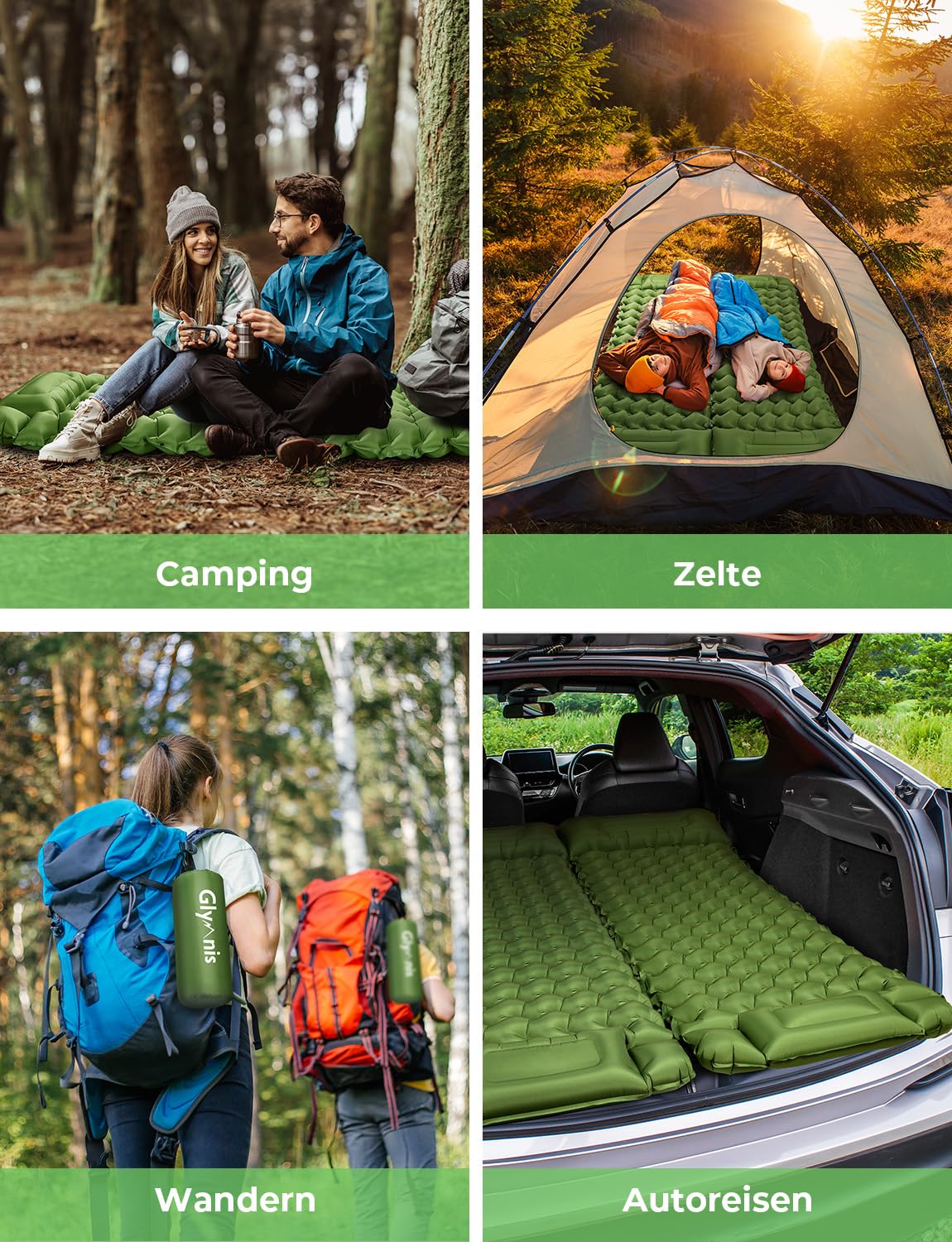 Glymnis Isomatte Camping Aufblasbare Luftmatratze mit Fußpresse Pumpe und Kissen, Wasserdicht Luftmatratze Outdoor, Anti-Ripstop Schlafmatte für Wandern Reisen Camping