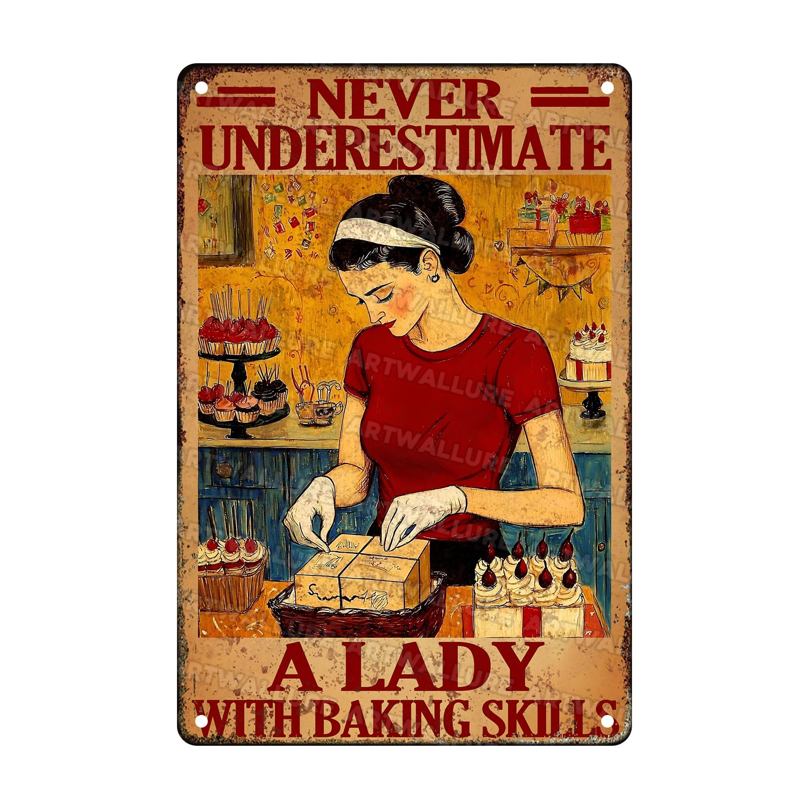 Anceky Never Underestimate A Lady With Baking Skill Metal Tin Sign Retro Tin Sign Wall Decor for Garden Yard Home Bar Garage 12×16 Inch