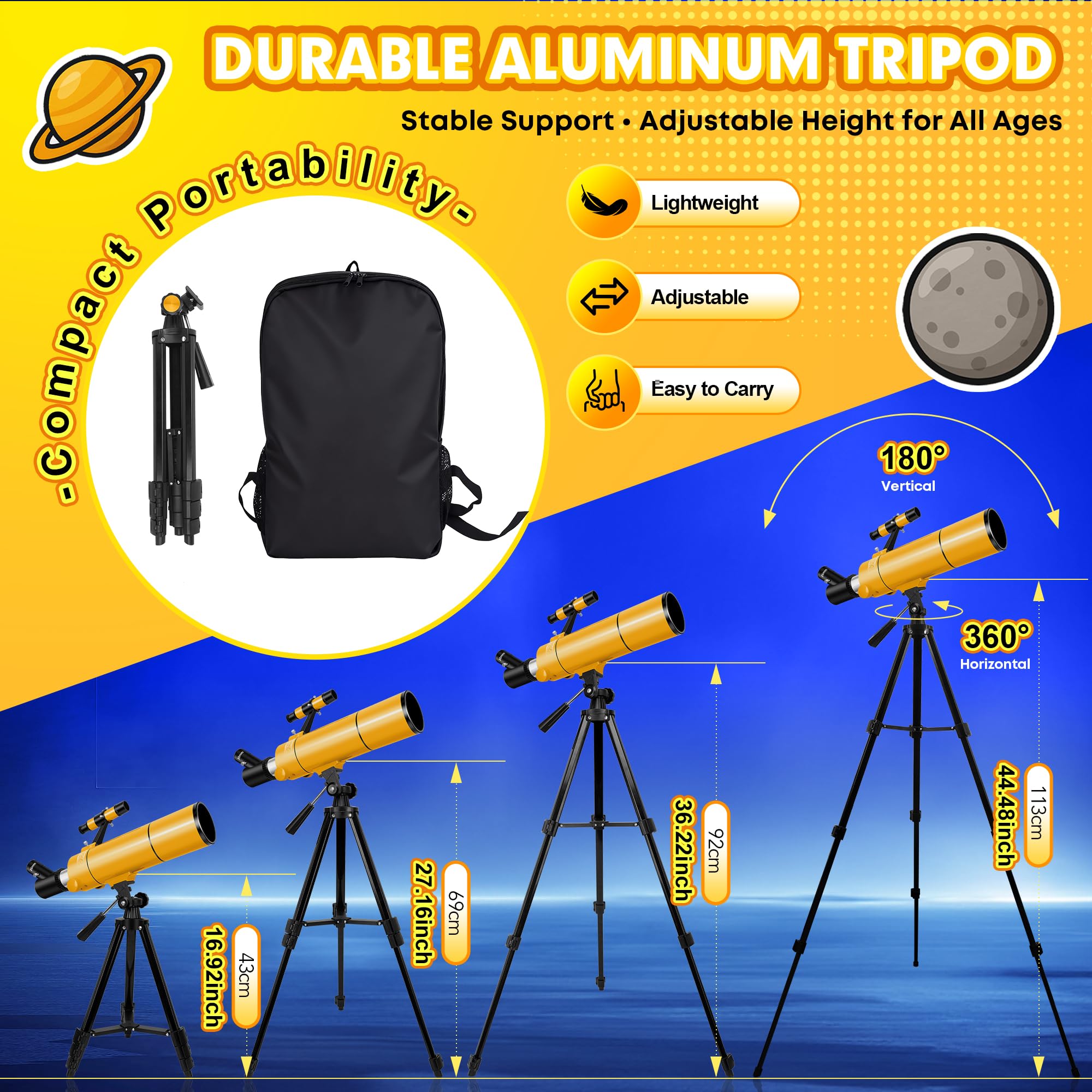 Télescope Astronomique Professionnel pour Adultes & Enfants Débutants, 80/500mm Télescope Réfracteur Portable avec Trépied Réglable, Adaptateur Téléphone, Sac à Dos & Autocollants Spatiaux