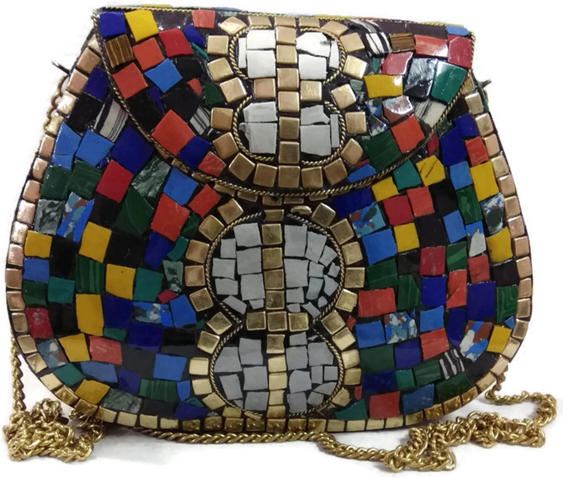 Trend Overseas Multi color mosaic bag stone Clutch Ethnic Metal box bridal wallet vintage bags