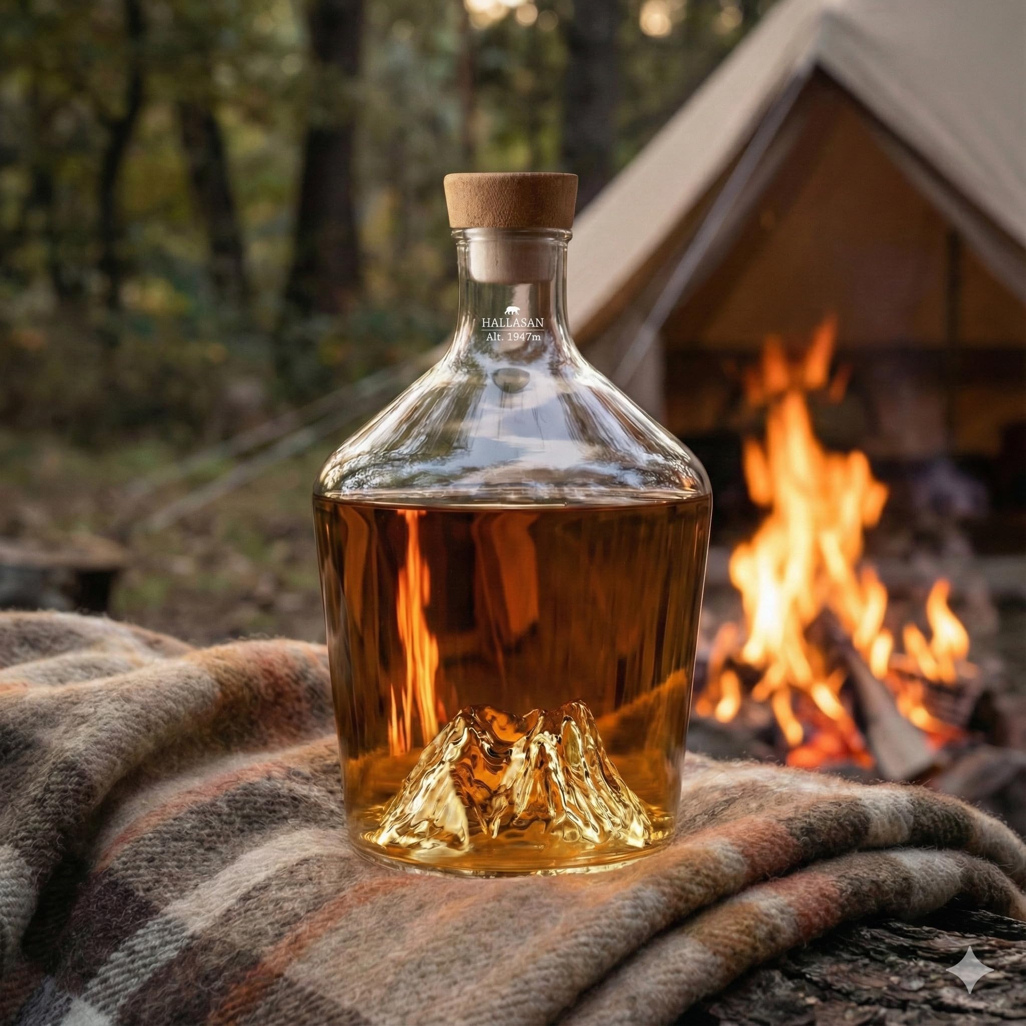 Jarra para licores 1,2L – Vidrio borosilicato soplado artesanalmente con montaña en relieve 3D | Tapón de madera y corcho, diseño premium | TOPOGRAPHIC (Hallasan)