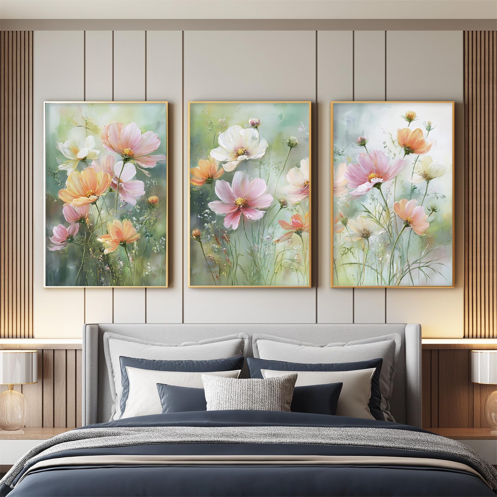 Générique Duży krajobraz 3 sztuki druk na płótnie 50 x 70 cm, botaniczny kwiatowy sztuka ścienna plakaty miękki obraz olejny kosmos pogodny świeży kwiat dekoracja do sypialni, salonu, kuchni