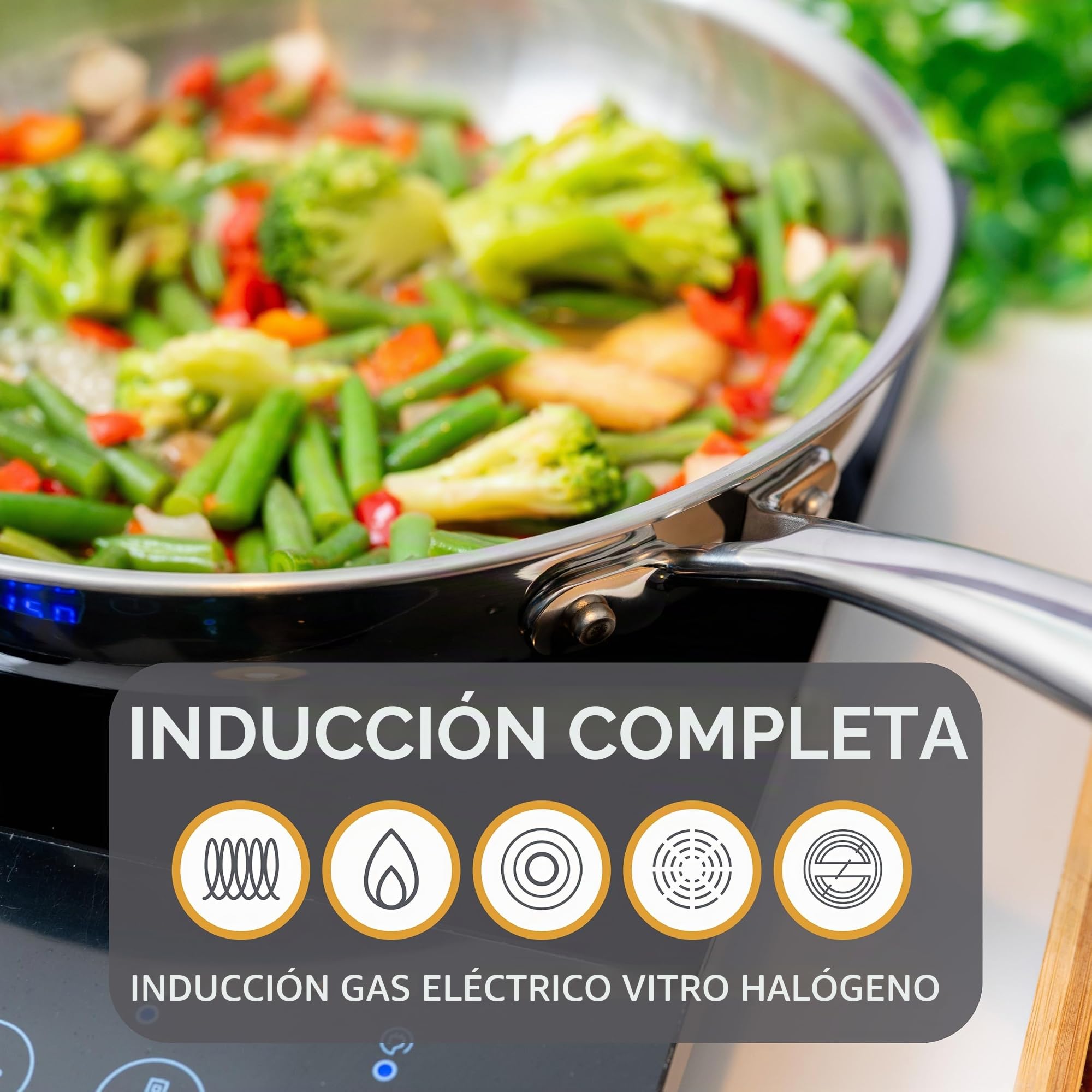 Nerthus FIH 1579 sartén de acero inoxidable 3 capas base full induction, sin antiadherente, compatible con todo tipo de cocinas, profesional y duradera