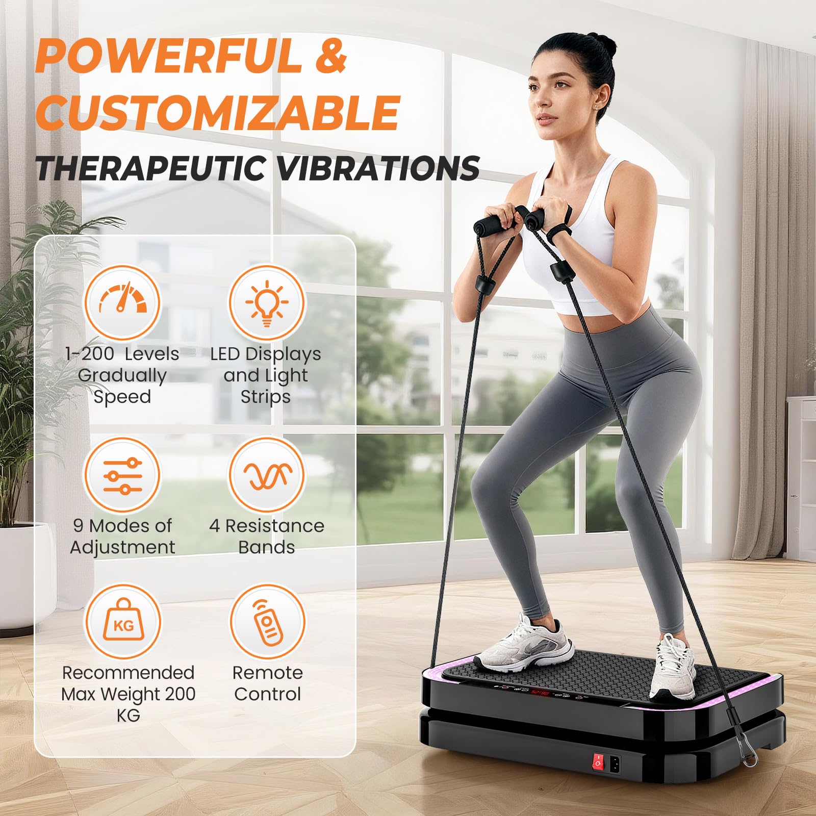 Plateforme Vibrante, Plaque Vibrante Fitness avec 200 Niveaux d'Intensité, 9 Programmes Sport, Haut-Parleur Bluetooth, Télécommande, Bandes et Cordes de Résistance , Écran LED, Capacité de 200 kg