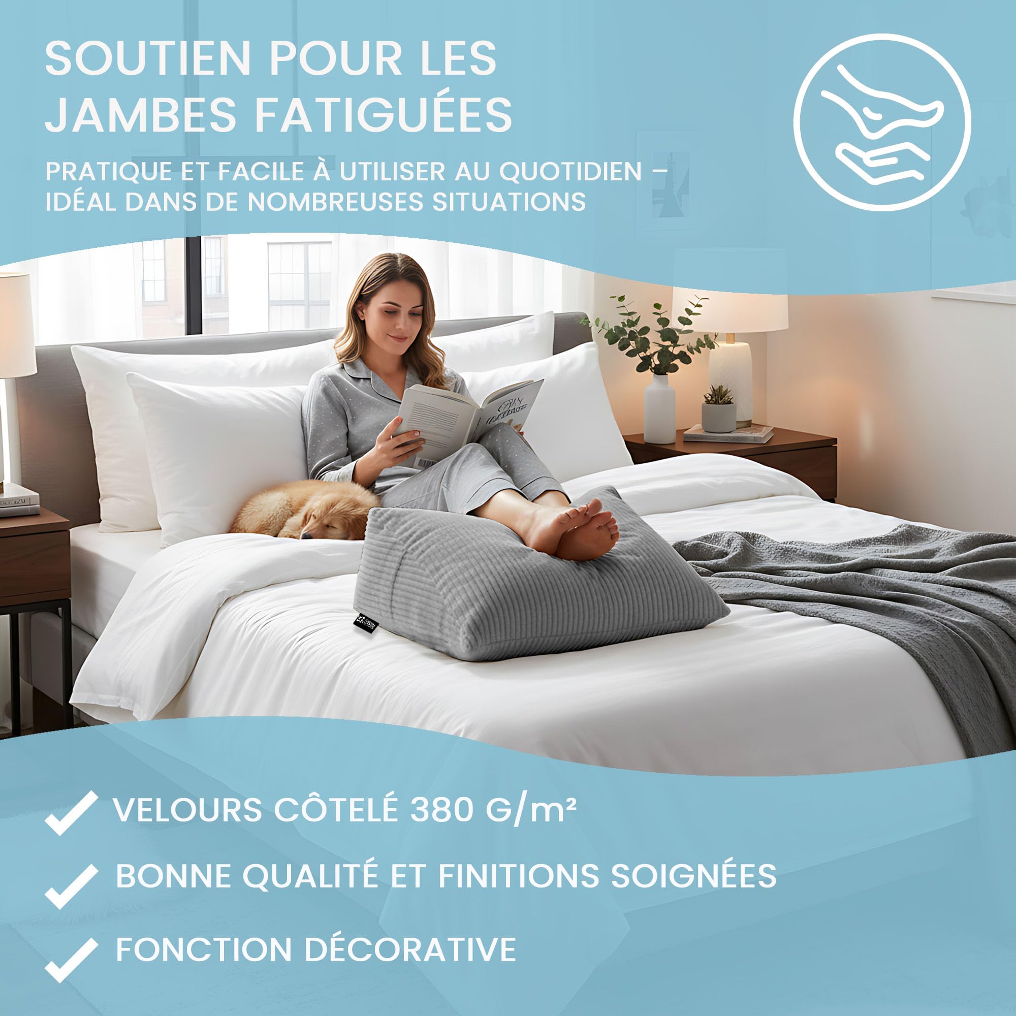 DreamRoots Coussin Dossier Triangulaire Lecture, Tête de Lit, Gris Foncé | Coussin d'appui mural, soutien dorsal, dossier canapé & lit, 70x40x20 cm, velours côtelé, déhoussable lavable, poche