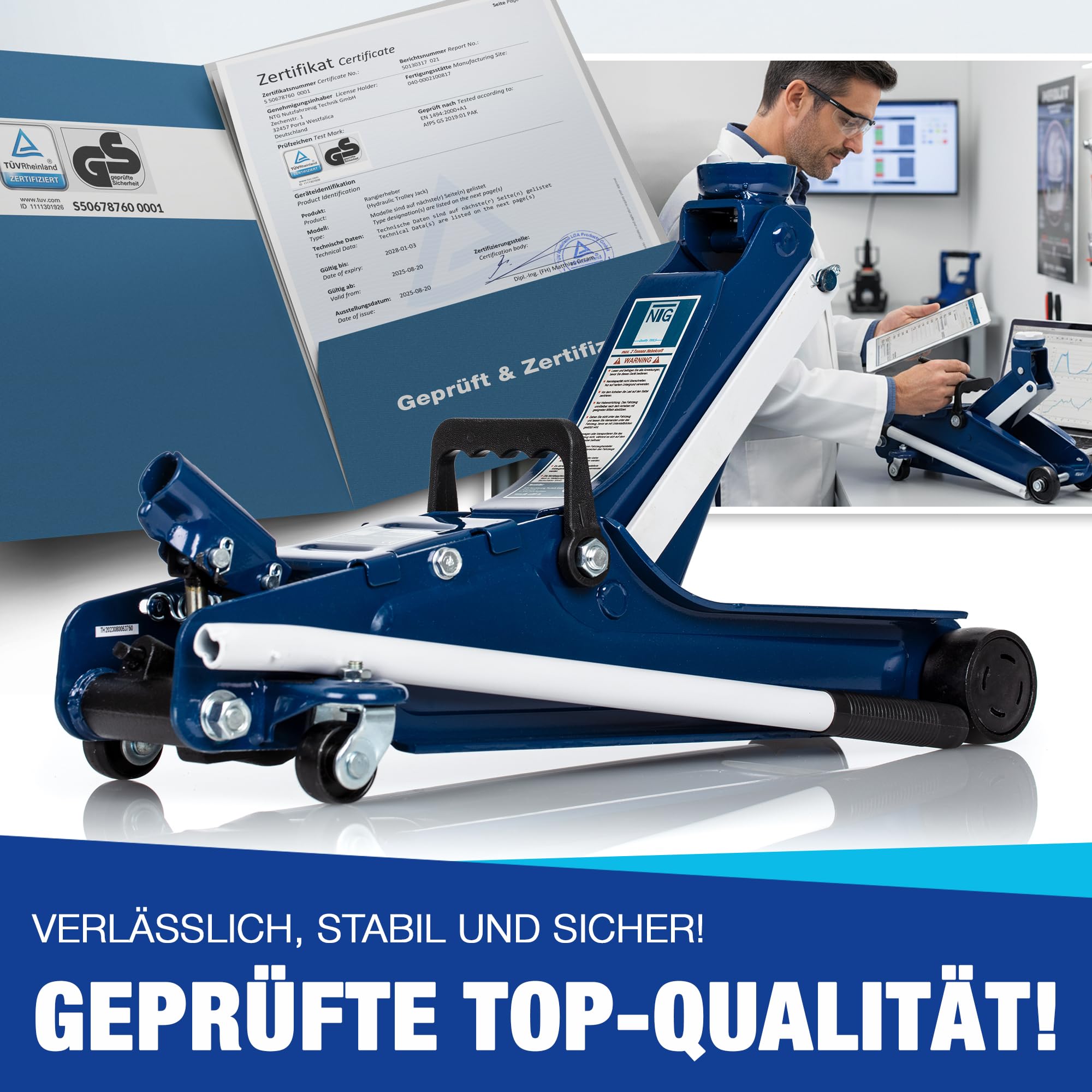NTG HYDRAULISCHER WAGENHEBER 2T – TÜV-zertifizierter Flacher Rangierwagenheber für PKW & tiefergelegte Fahrzeuge – 85–375 mm Hubhöhe – Wagenheber Hydraulisch mit 2.000 kg Tragkraft und Gummiauflage