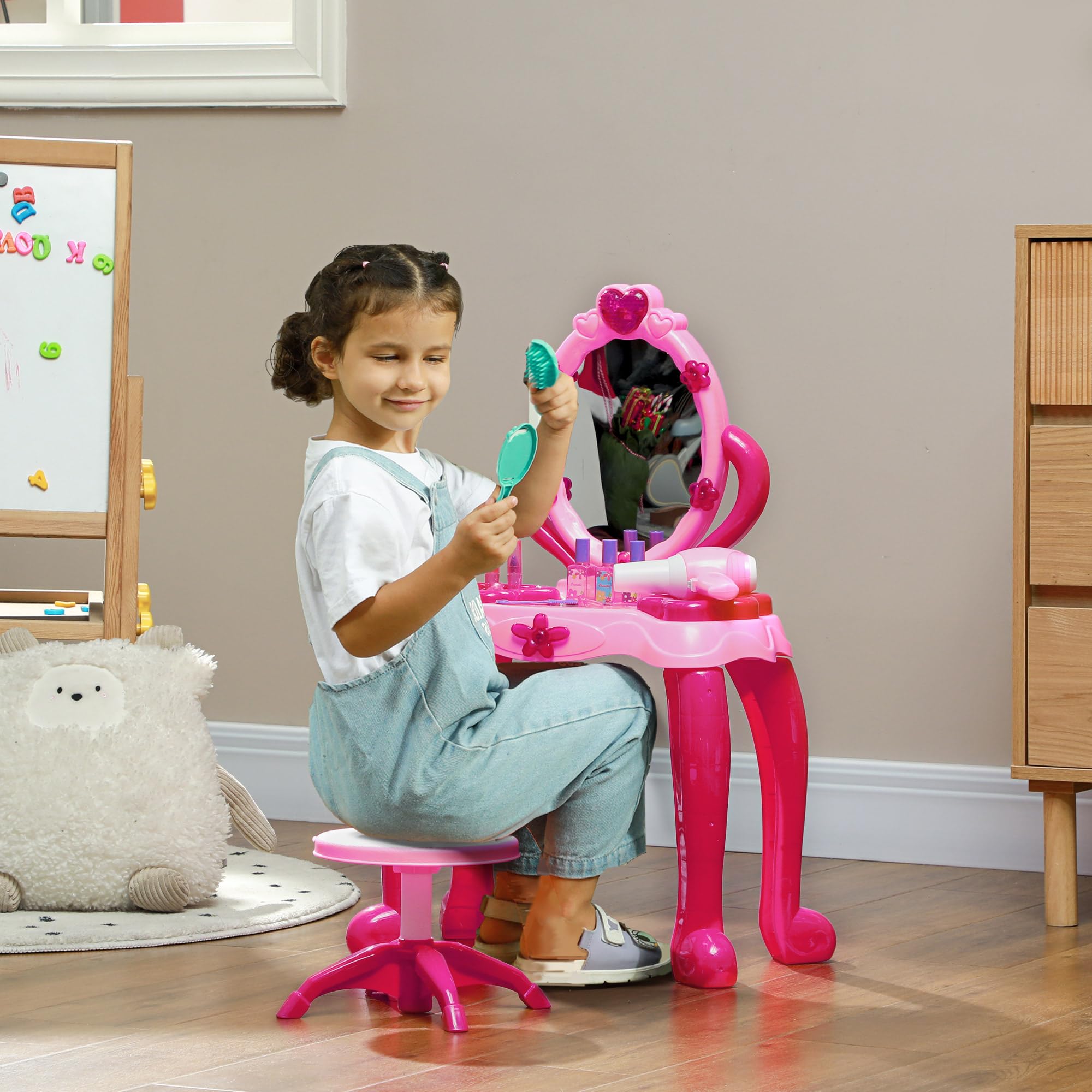 AIYAPLAY Coiffeuse pour Enfants de 3 à 6 Ans Ensemble Coiffeuse et Tabouret avec Miroir 15 PCS, Table de Maquillage avec lumière, Musique, sèche-Cheveux, Rose