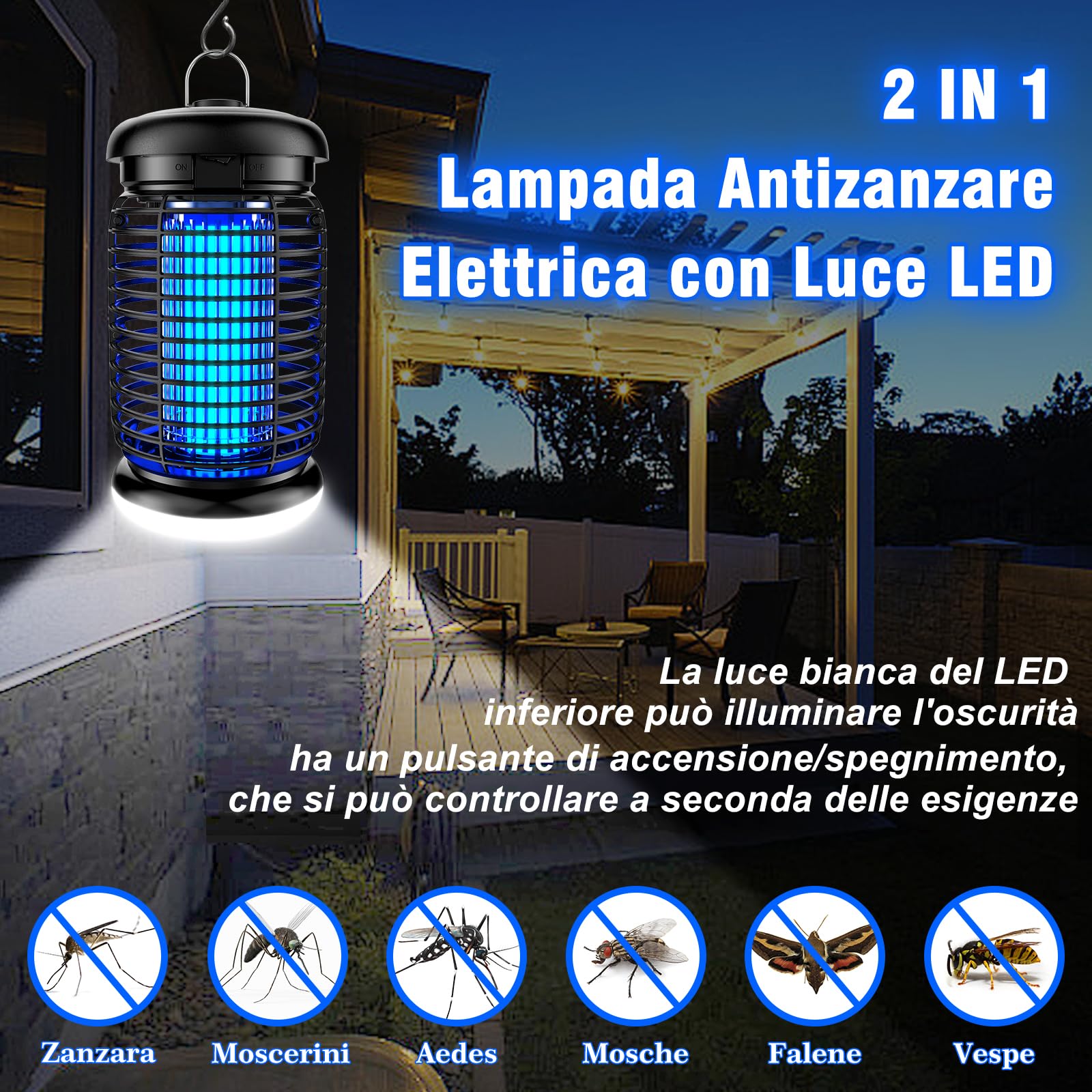 seenlast Lampada Antizanzare Elettrica, Lampada Zanzare 15W 4200V UV Zanzariera Elettrica Impermeabile IPX4, Uccidi Trappola Insetticida Zanzare per Giardino Interno Esterno (Con Gancio e Led Luce)