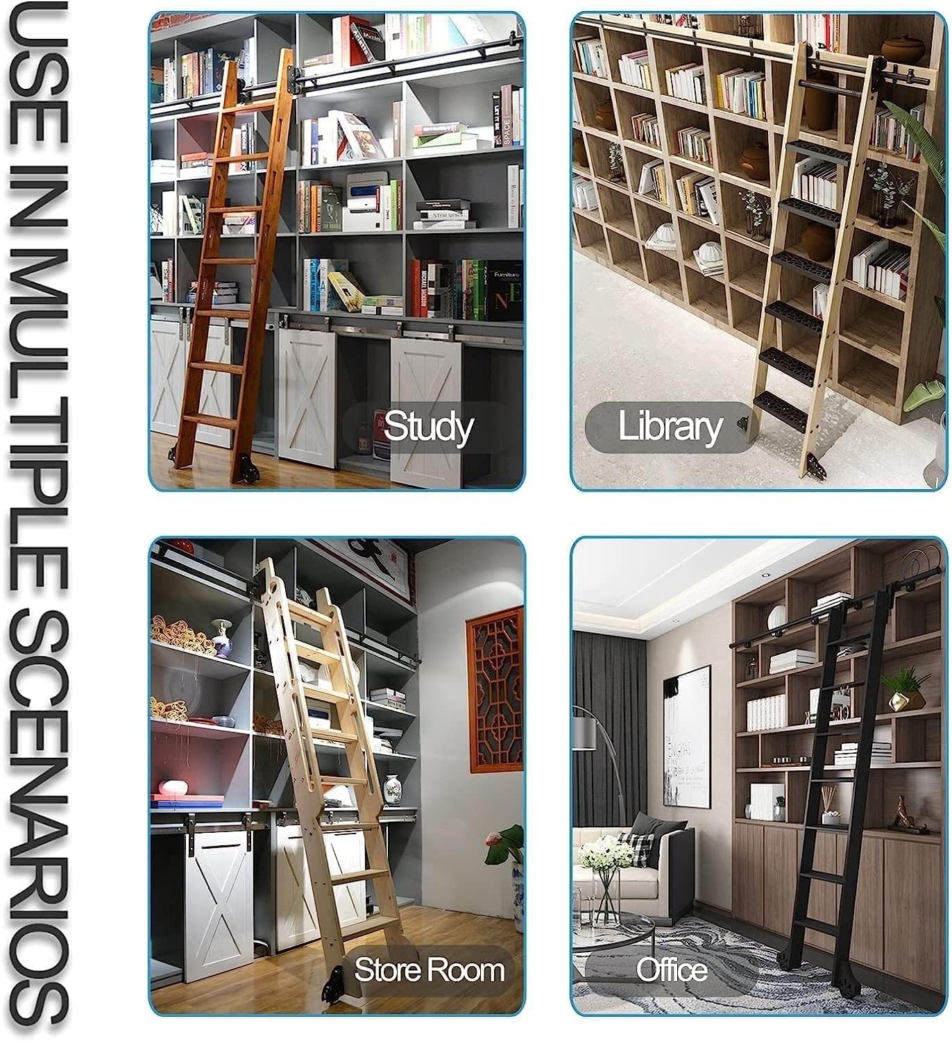 Rolling Ladder Hardware Library Sliding Ladder Hardware Kit, Black Carbon Steel Hardware Complete Set of Accessories, with Floor Rollers, for Library/LOFT/Home Escalator Kit (Size