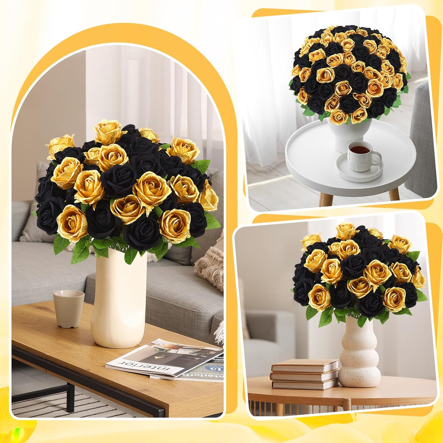 90 Pcs Gold, Black Velvet Rose Artificial Flowers with Long Stems, Fake Silk Roses Real Touch Fake Roses Florals for Birthday Wedding Bouquet Party Arrangement Decorations