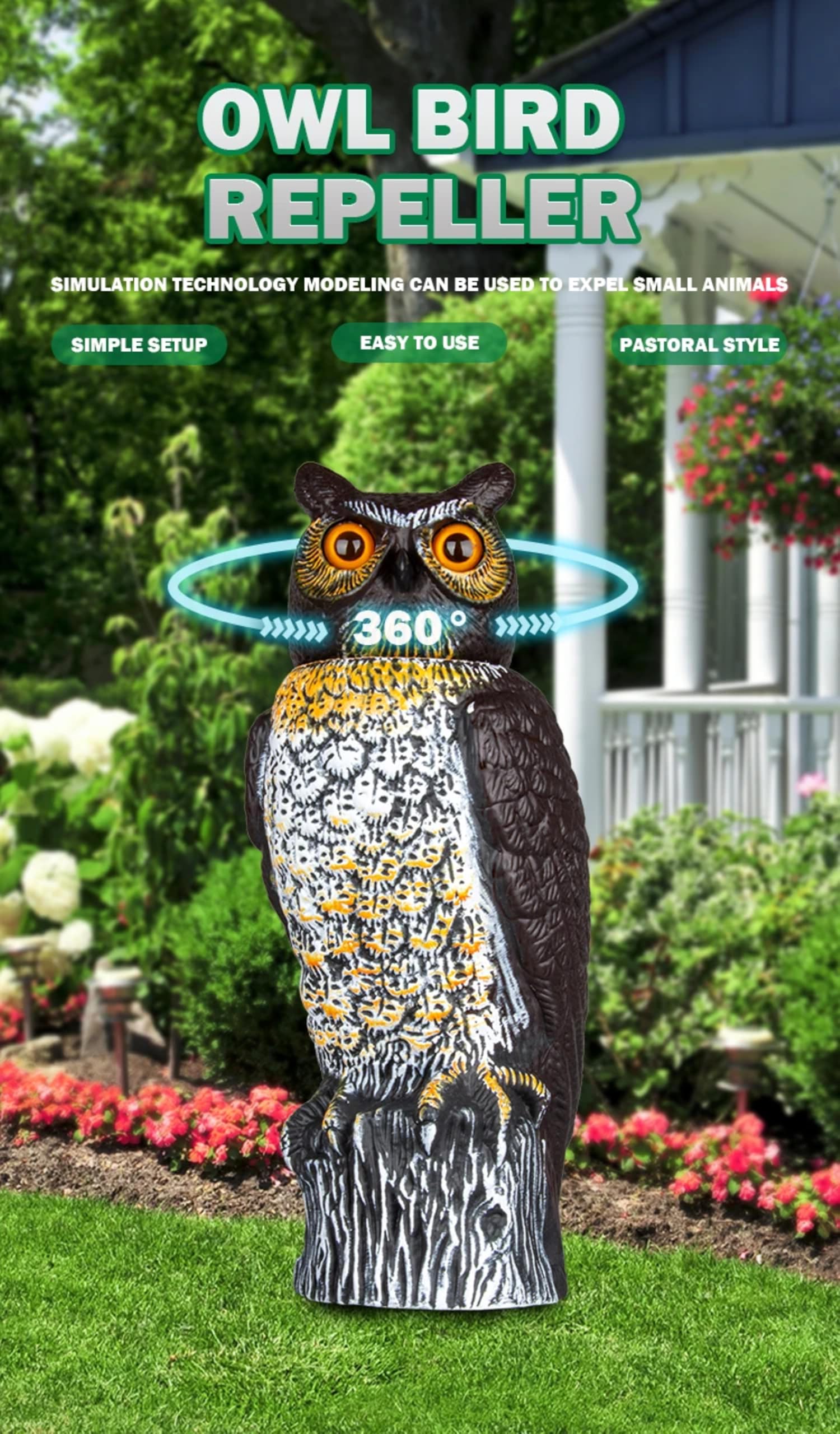Spaventatore a Forma di Gufo,Spaventapasseri gufo con testa girevole 360° | statue di plastica nemico della natura, repellente per parassiti, controllo degli uccelli e deterrente per piccioni