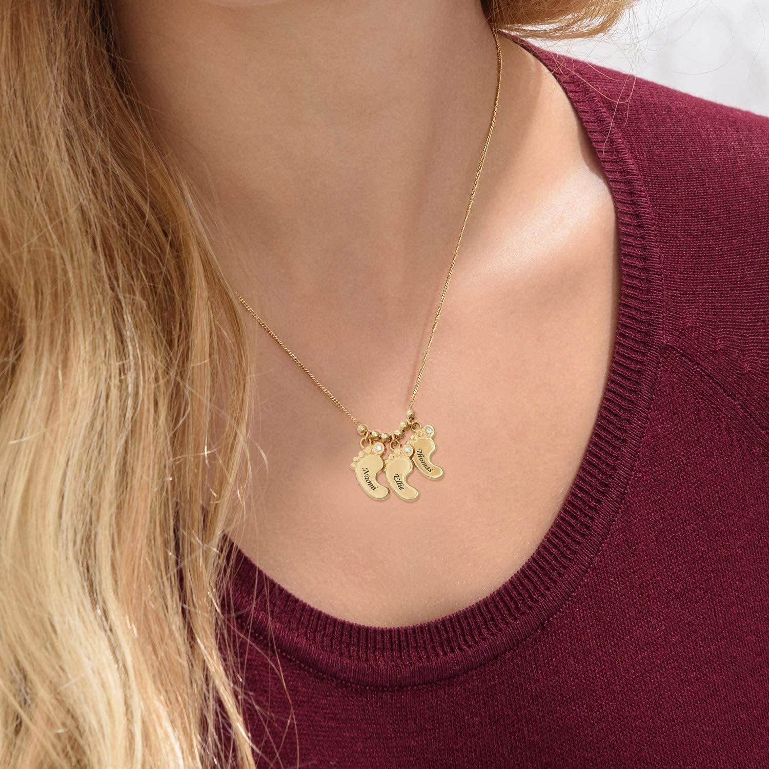 Personalized Baby Feet Necklace - Sterling Silver or 18K Gold Plated - with Birthstone or Diamond - Engraved Charms - Mom, Mother Jewelry Gift