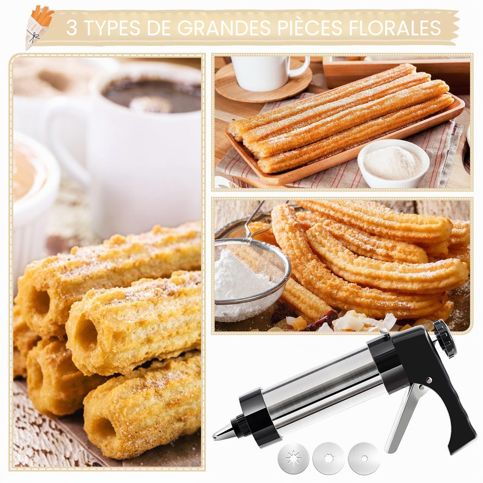 Machine a Churros,Appareil a Churros, Presse a Biscuits Inox,Presse à Churro Pistolet à Pâtisserie avec 16 Gabarits,8 Douilles,Poche et Brosse,Seringue Patisserie pour Gâteaux Gâteaux Dessert