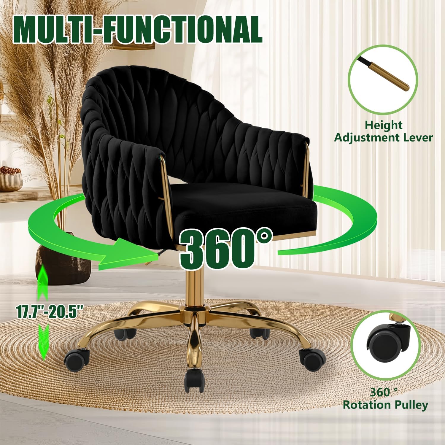 Cute Shell Accent Vanity Chair: Adjustable Swivel Comfy Upholstered Home Office Desk Makeup Chair with Back Arms Wheels for Girls Women Aesthetic Modern Rolling Chair Metal Gold & Blck