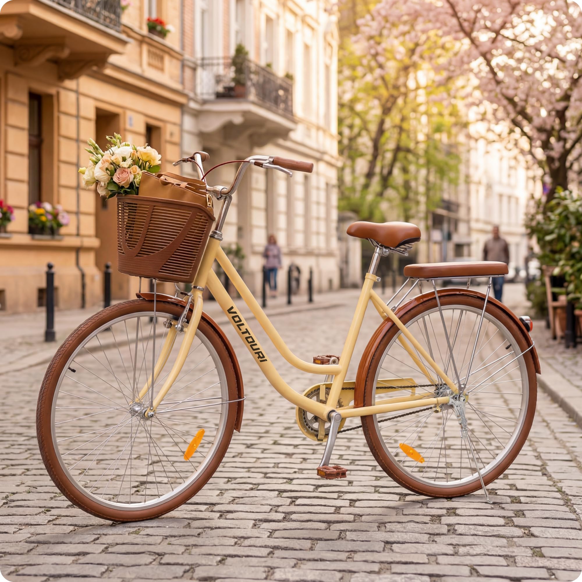 THUNDER Citybike 28 Zoll Damenfahrrad – Retro Fahrrad mit Korb & Gepäckträger, Stahlrahmen 17”, 1 Gang, V-Brake & Rücktrittbremse, Schutzbleche, Ständer,