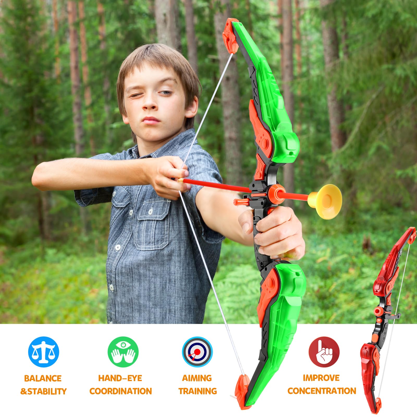 Doloowee Arco e Freccia per Bambini Giocattoli con Luce LED Set Tiro con L'Arco 8 Frecce a Ventose Bersaglio Faretra Spalla