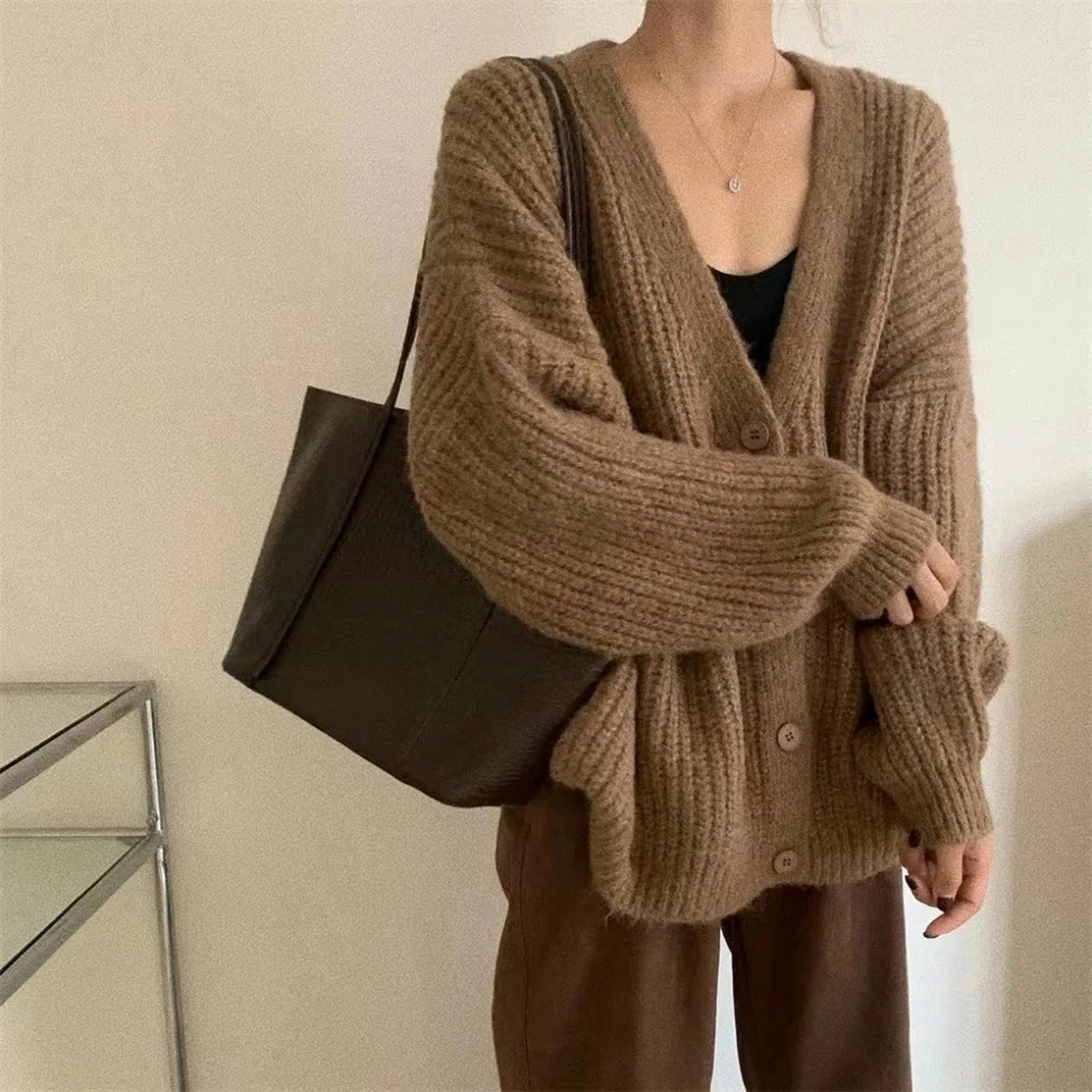 Sweter dla kobiet gruby dzianinowy kardigan damski z długim rękawem dekolt w serek zapinane na guziki swetry kurtka elegancka dzianina jesienno-zimowy strój
