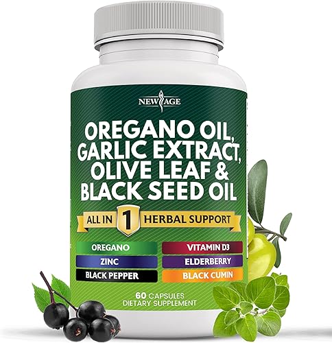 NEW AGE Aceite de orégano Extracto de ajo y hoja de olivo con astrágalo - Suplemento para mujeres y hombres - 60 unidades