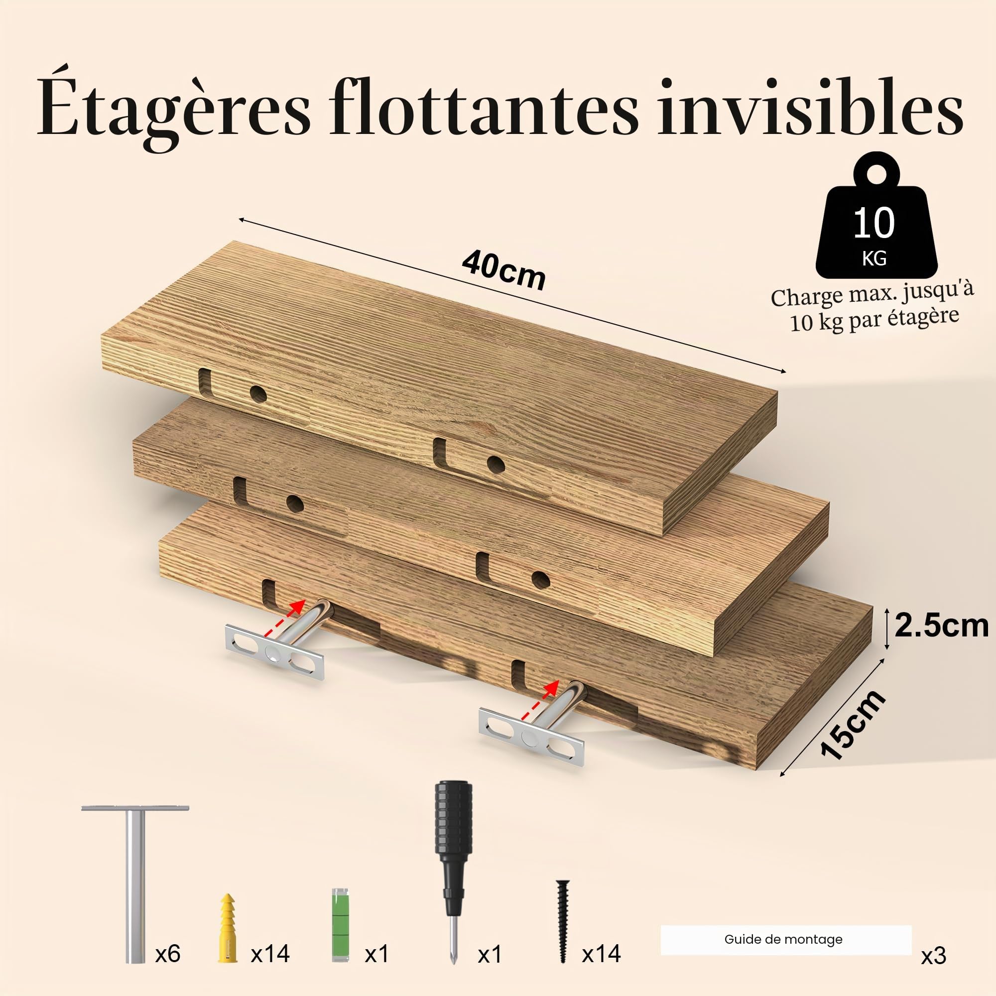 wyewye Etagere Murale Bois, Lot de 3 Étagère Murale 40 cm avec Supports Invisibles pour Chambre à Coucher, Cuisine, Salon, Bureau