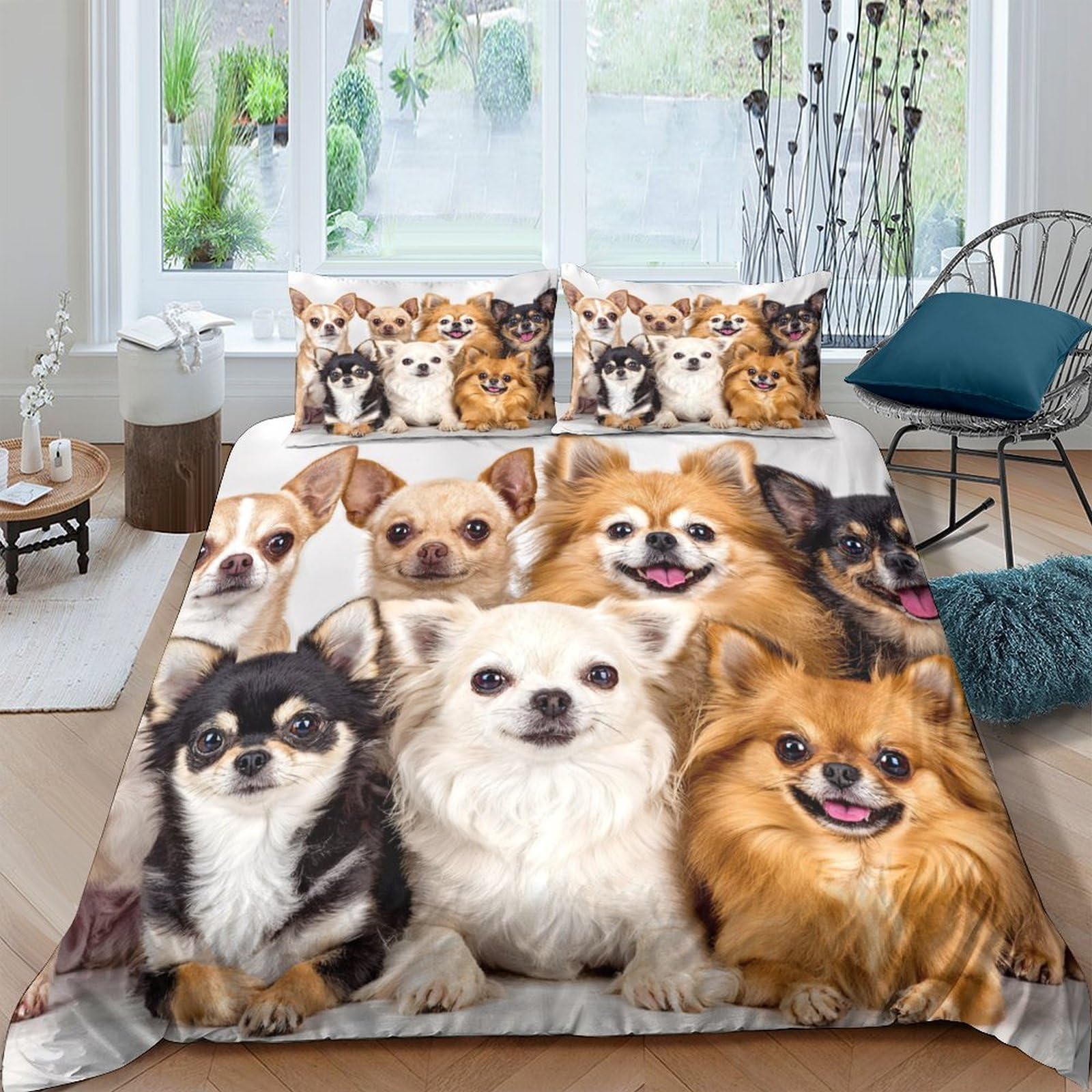 GPLZQXKJNH 3D Printed Chihuahua Dog Duvet Cover Set Microfiber Soft Breathable Puppy Bedding Set with 2 Pillowcases for Bedroom Decor Single（135x200cm）