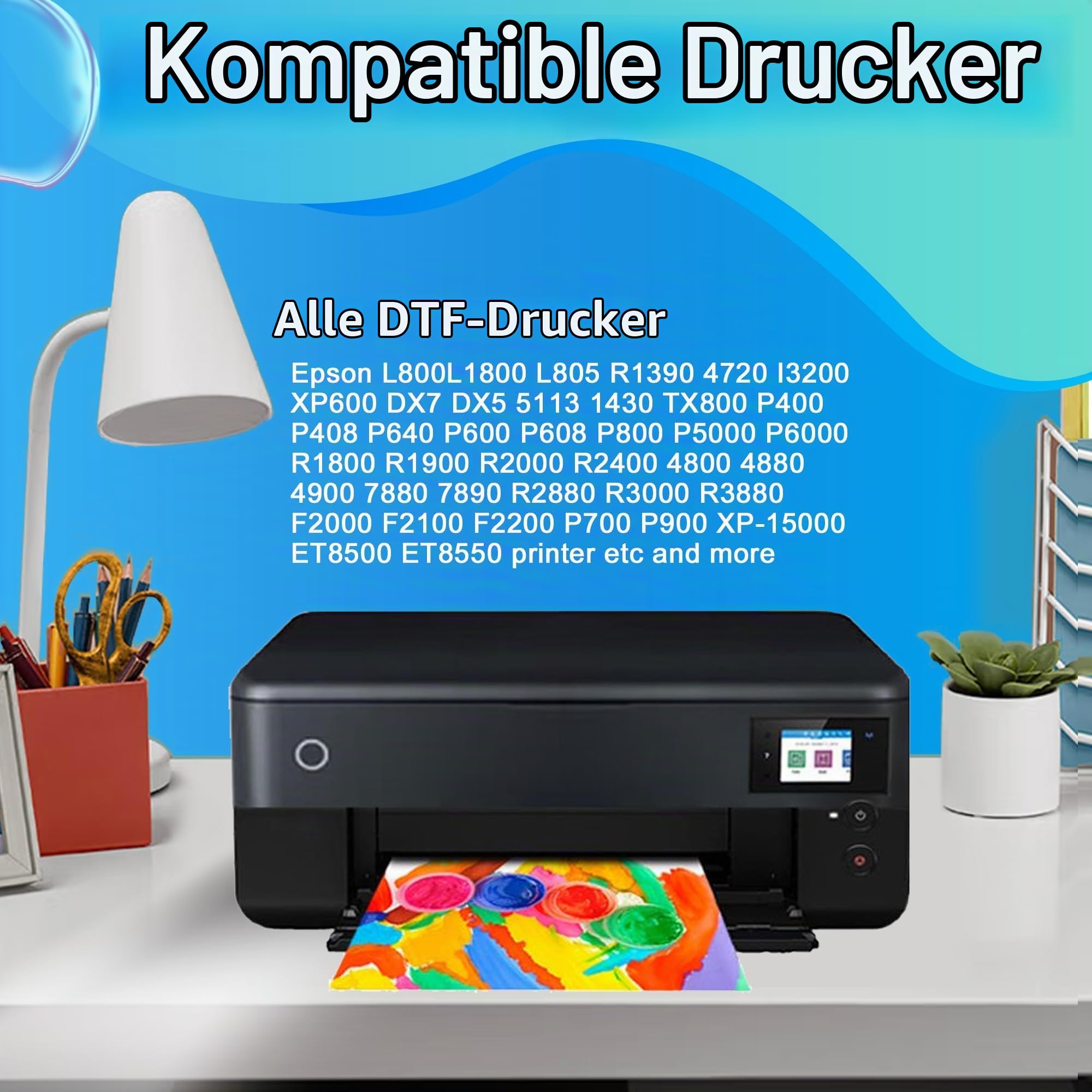 LCL 1500ML DTF Tinte, DTF Transfertinte Nachfülltinte für Epson ET-8550, XP-15000, L1800, L805, R1390, R2400, F2000, F2100, F2200, P700, P900,Wärmeübertragungsdrucktinte Set (250 ml x 6, CMYK 2 Wh)