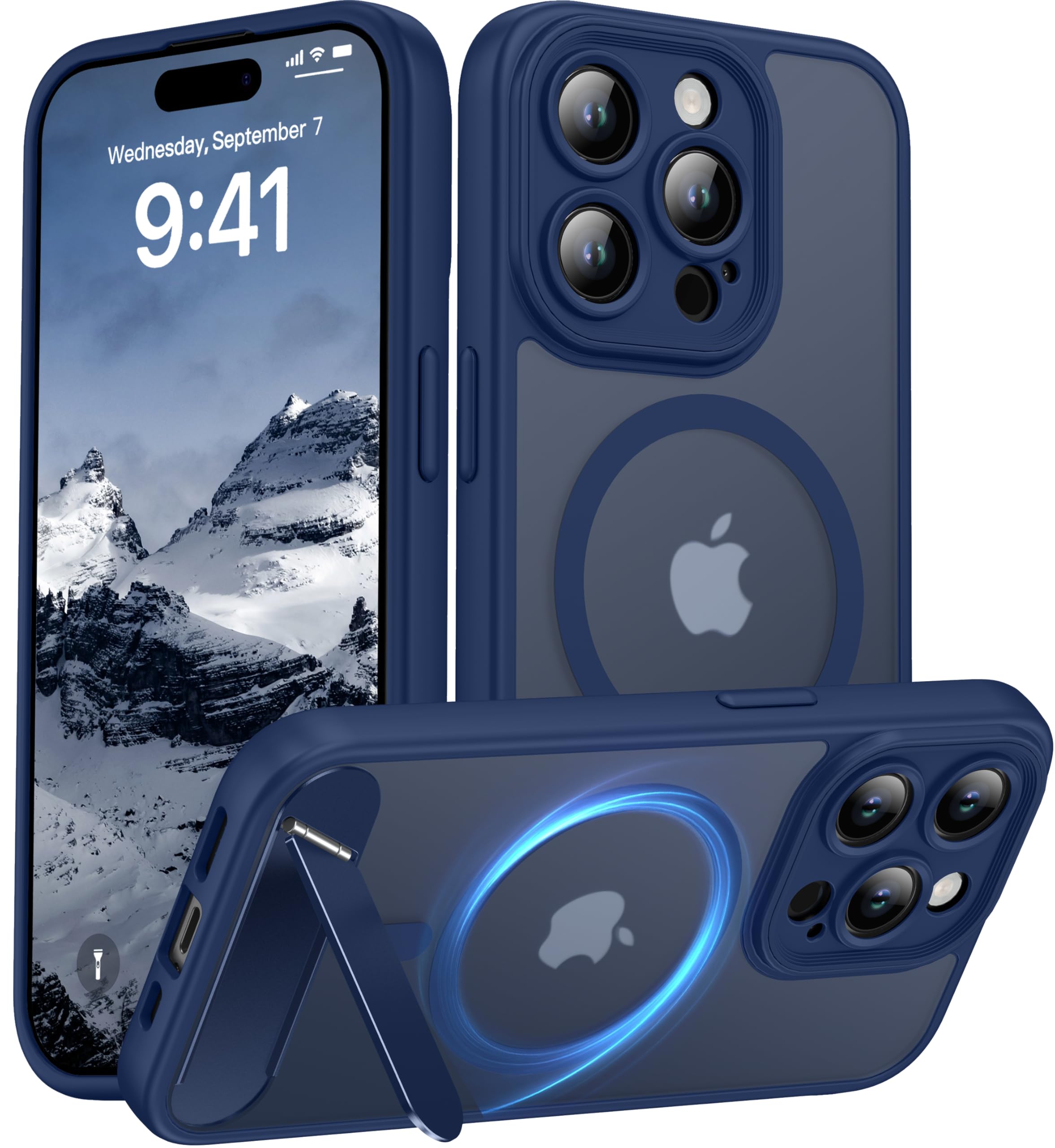 Magnetic Compatible with iPhone 15 Pro Case, [Built-in Kickstand][Full Camera Protection][Compatible with MagSafe][Anti-Fingerprint] Shockproof Phone Case for iPhone 15 Pro 6.1",Blue