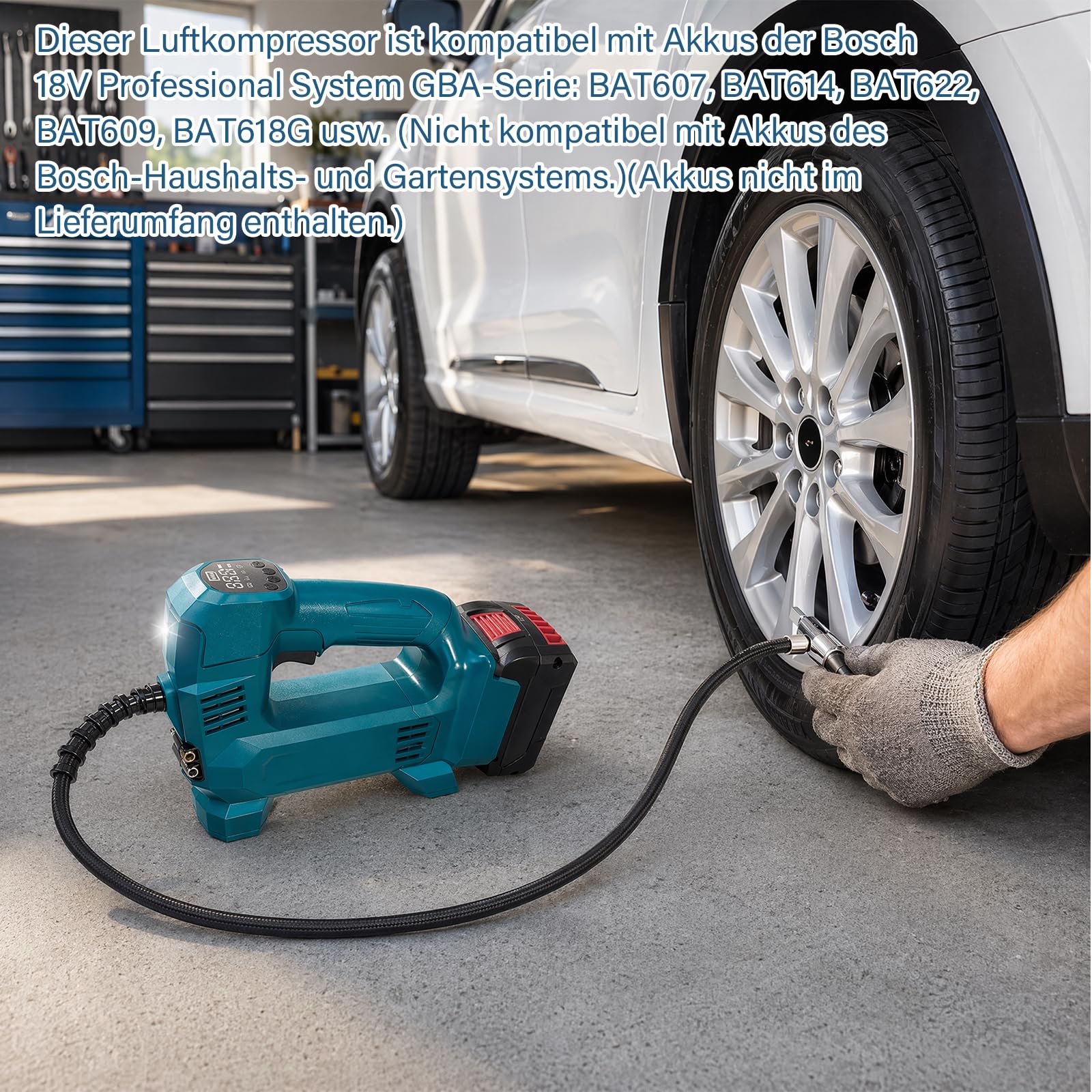 Akumulatorowa sprężarka do akumulatora Bosch 18 V, 150 psi, elektryczna sprężarka powietrza z oświetleniem LED i automatycznym zatrzymaniem, bezprzewodowa pompka do samochodu, motocykla, roweru, piłek