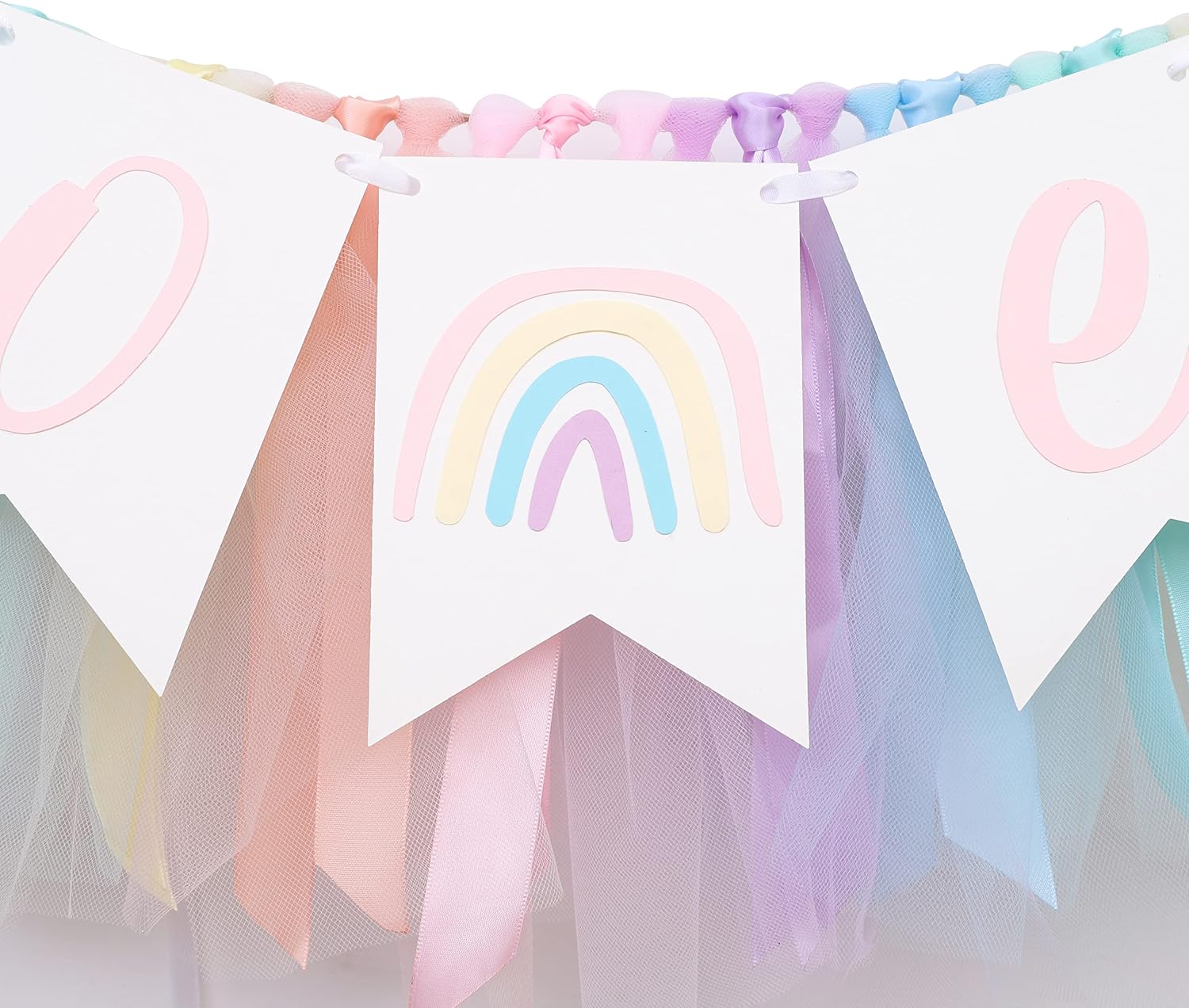 Pastel Rainbow High Chair Banner - Tulle & Ribbon Highchair Banner for 1st Birthday Girl, Rainbow Decorations