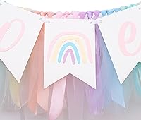 Vista 7 de Cartel para silla alta de arcoíris pastel, cartel de tul y cinta para silla de bebé de primer cumpleaños, decoraciones de arcoíris