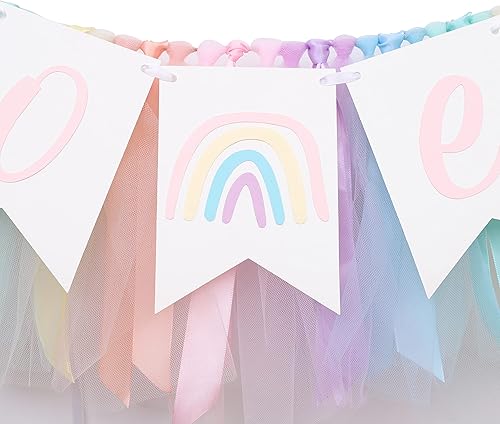 Miniatura 7 de Cartel para silla alta de arcoíris pastel, cartel de tul y cinta para silla de bebé de primer cumpleaños, decoraciones de arcoíris
