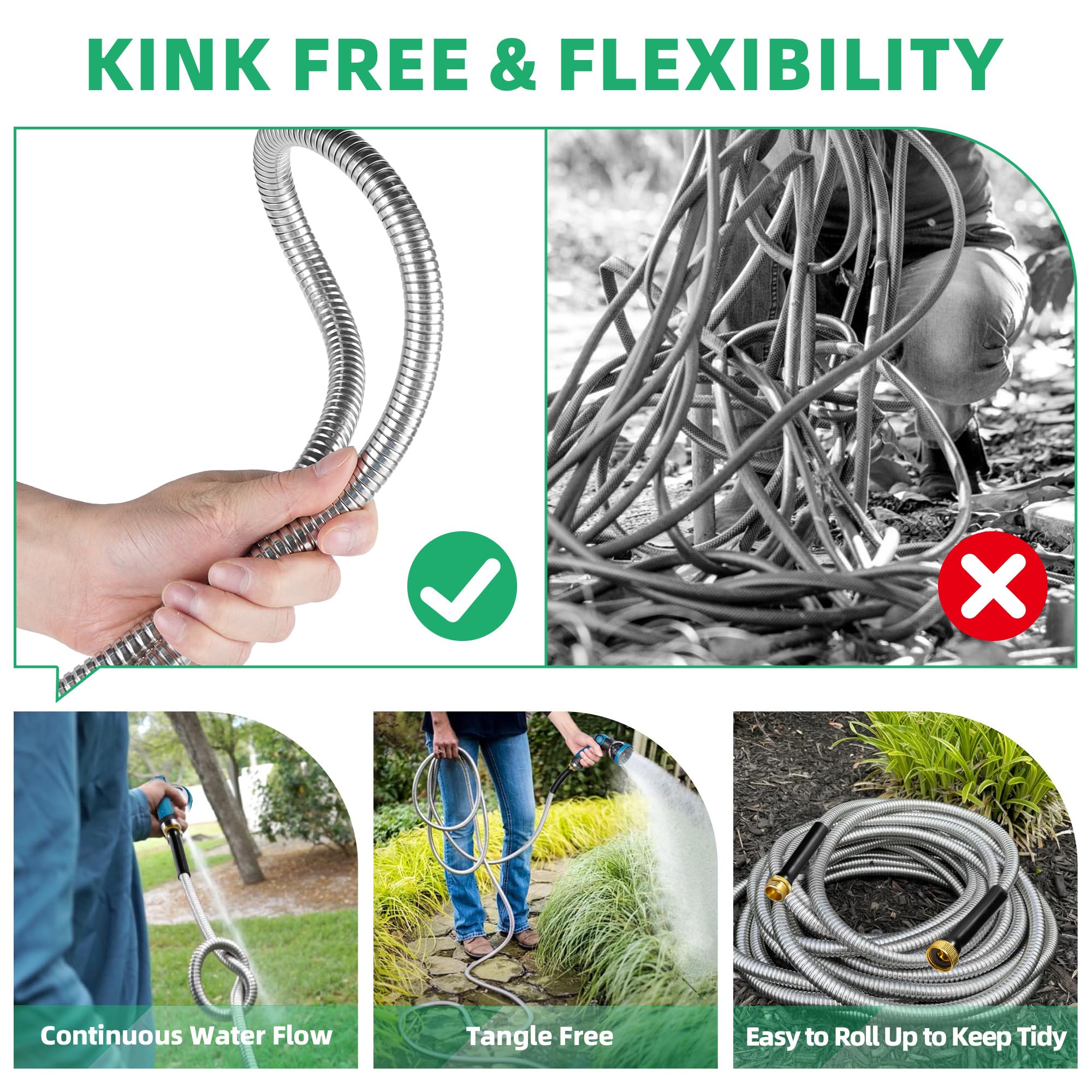 Tubo da giardino in acciaio inox, 1,5 m, flessibile e anti