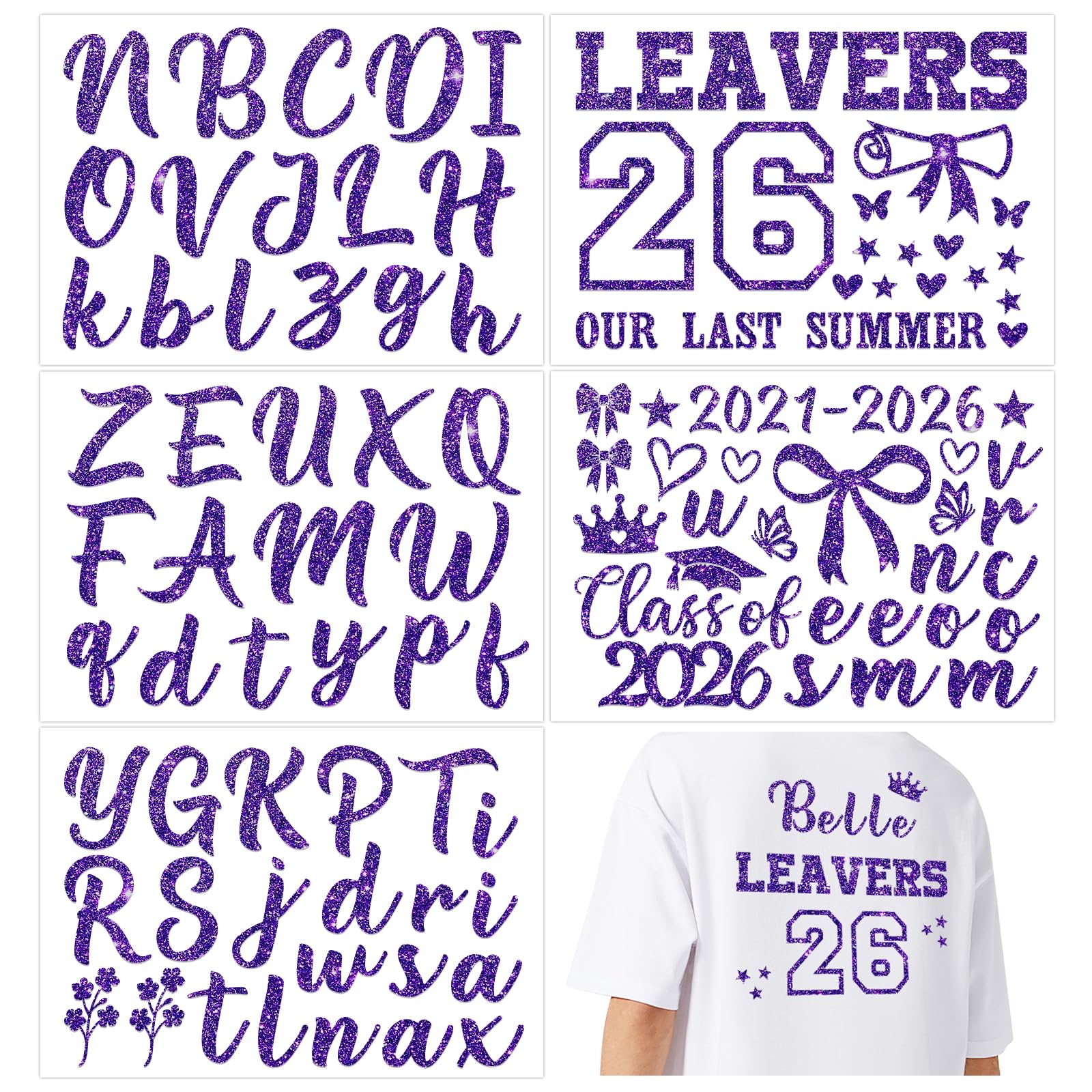 DOORIO 5 Sheets 2026 Leavers Iron on Transfers Class of 2026 Transfer Names Glitter DIY Leavers Shirt Decoration Graduation Transfers for Clothing T-Shirts Backpacks Jerseys (Purple)